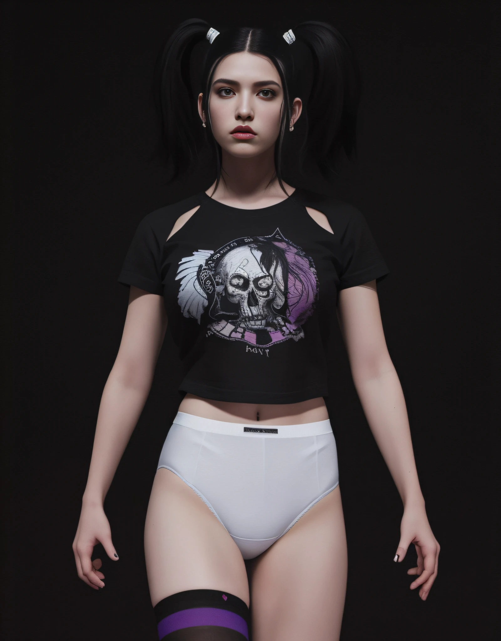 Caucasian punk woman in black shirt and white high cut panties, realistic art style, detailed wrinkles