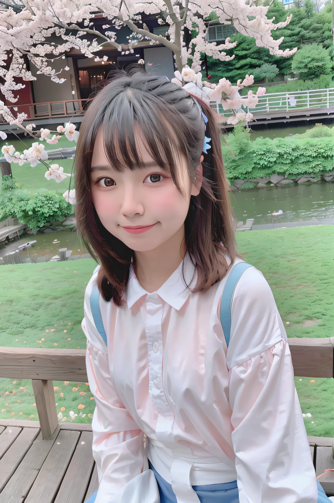 The best image quality and ultra-high resolution make the picture more realistic (realism: 1.4), make the face blush, cute, the details show the face smile, the upper body is wearing Japanese clothing, the background is warm sunny day, along the river to enjoy the beautiful cherry blossoms, the same beautiful blue sky.