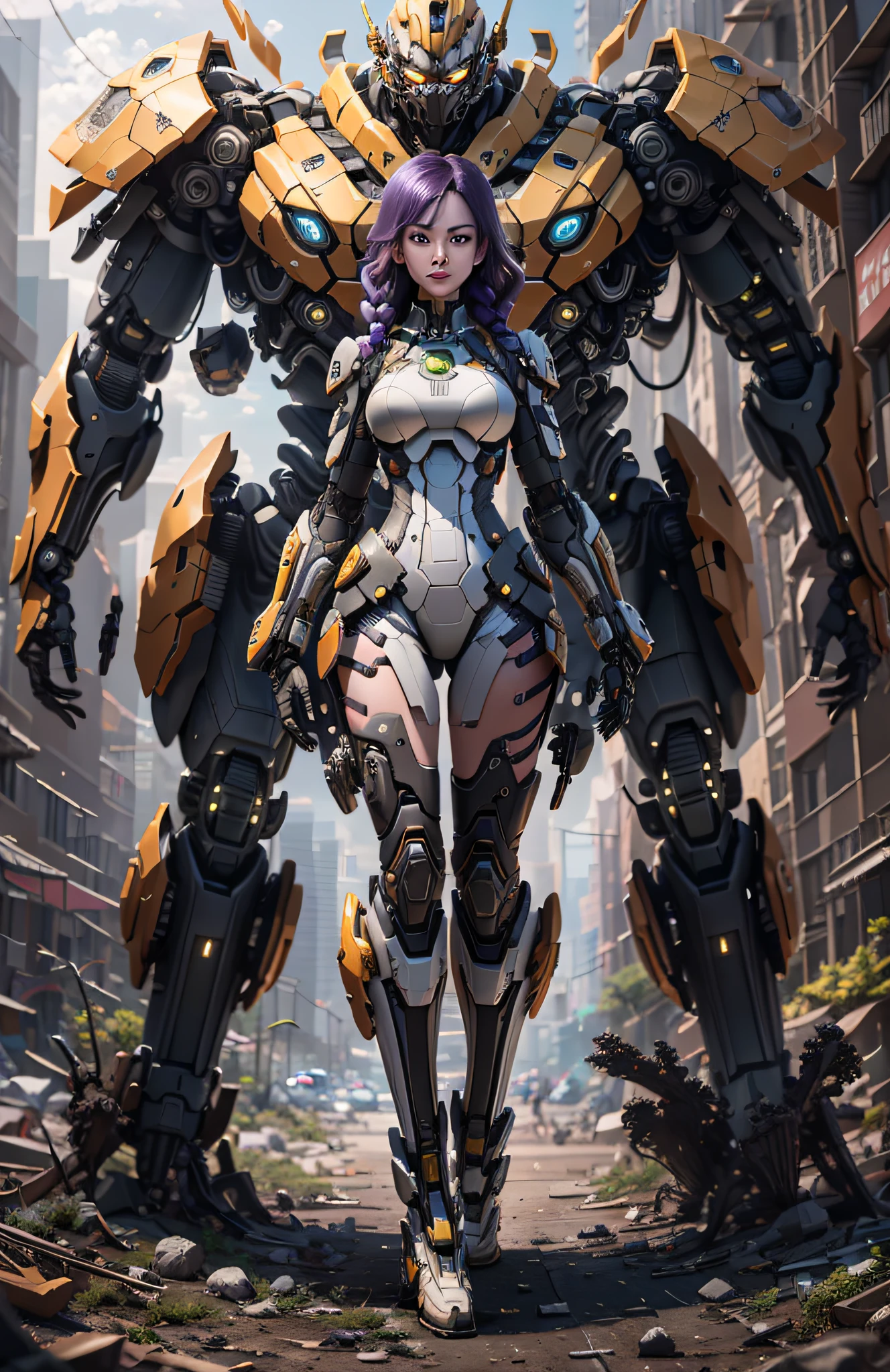 (Best Quality)), ((Masterpiece)), (Very Detailed: 1.3), 3D, master chef style armor, Beautiful cyberpunk woman, sci-fi technology, HDR (High Dynamic Range), ray tracing, nvidia RTX, super resolution, unreal 5, subsurface scattering, PBR texture, post-processing, anisotropic filtering, depth of field, maximum sharpness and sharpness, multi-layer texture, specular and albedo mapping, surface shading, accurate simulation of light-material interactions, perfect proportions, octane rendering, duotone lighting, low ISO, white balance, rule of thirds, wide aperture, 8K RAW, high efficiency subpixels, subpixel convolution, light particles, light scattering, Tyndall effect, very sexy, full body, battle pose, purple hair with braids,