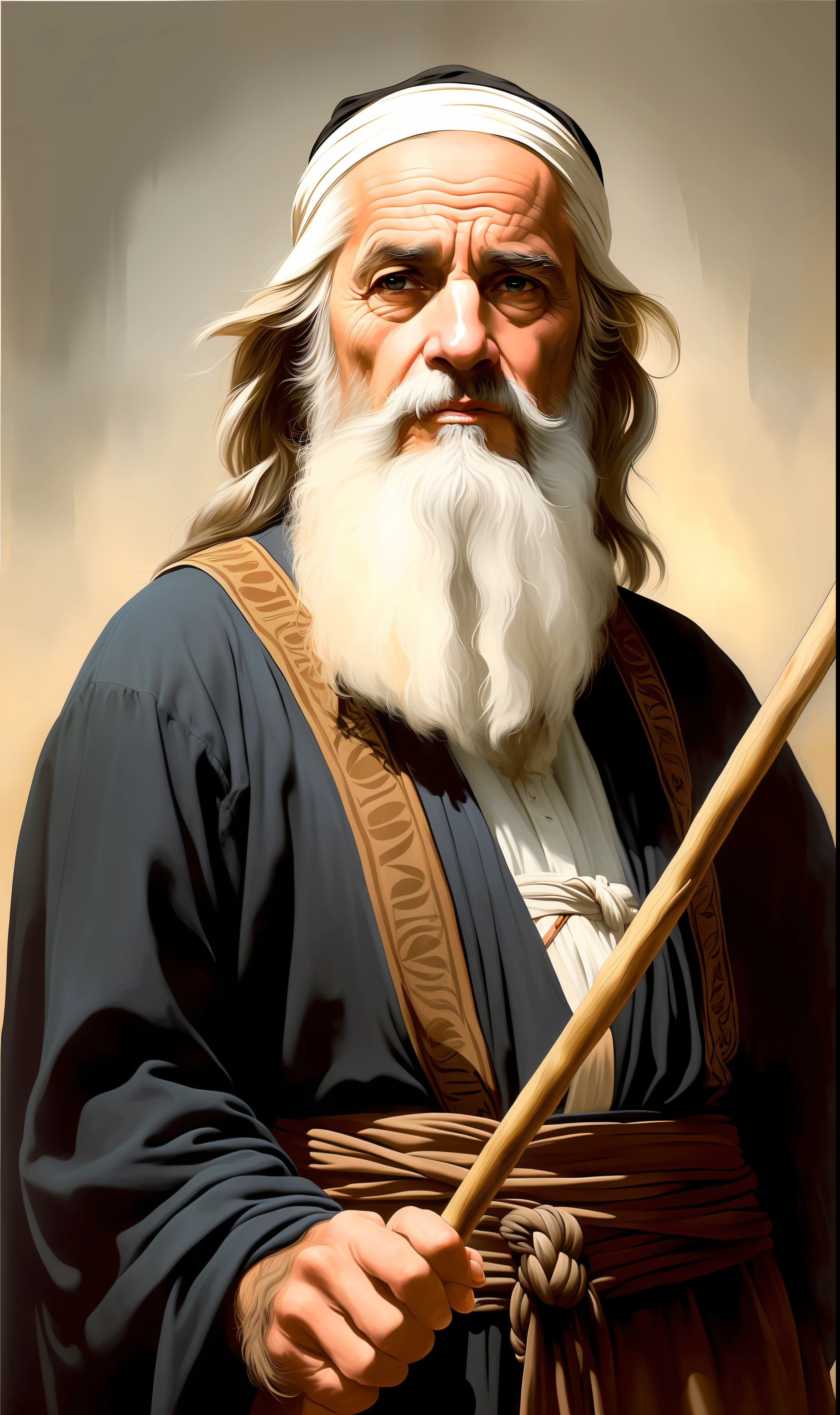 A lovely ultra fine realistic portrait of Moses the prophet, an old Hebrew man, long gray hair, long gray beard, wearing black and red striped tunic, holding a staff, in front view, full body, biblical, realistic, intricate detail, by abbott fuller graves, bartolome esteban murillo, jc leyendecker, craig mullins, peter paul rubens, (caravaggio), trend in artstation, 8k, Concept Art, Fantasy Art, PhotoRealistic, Realistic, Illustration, Oil Painting, Surrealism, HyperRealistic, brush strokes, Digital Art, analog style, watercolor