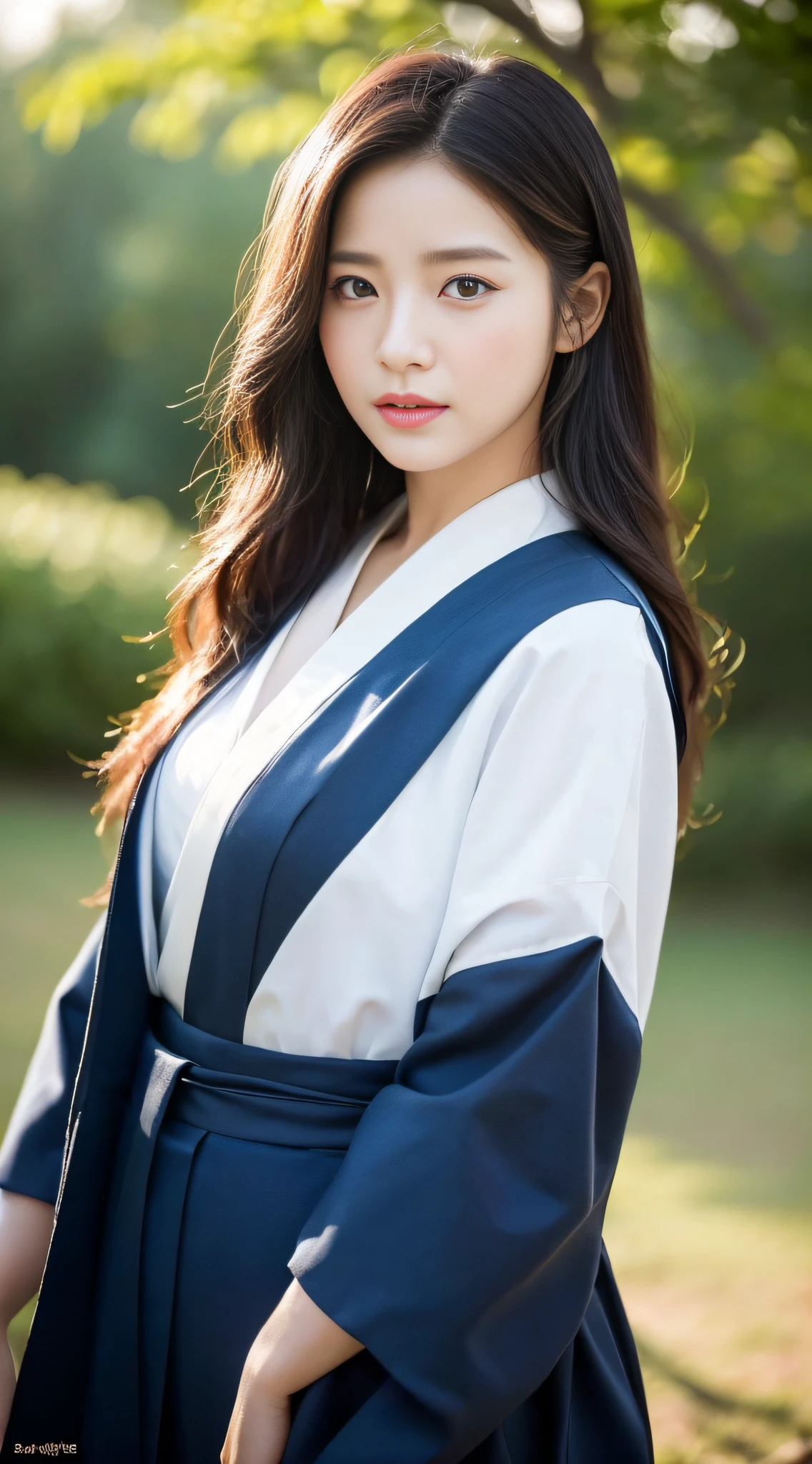 ((Best Quality, 8K, Masterpiece: 1.3)), Sharp Focus: 1.2, (Super Beautiful Face: 1.0), (Glossy Skin: 1.0), Realistic Photos, Black Hair, Realistic Pupils, Movie Lighting, Highly Detailed Eyes and Faces, Movie Lighting, (Cowboy Shot: 1.0), (Kimono, Hakama, Obi: 1.3), In Nature, (Korean Cute Actress)