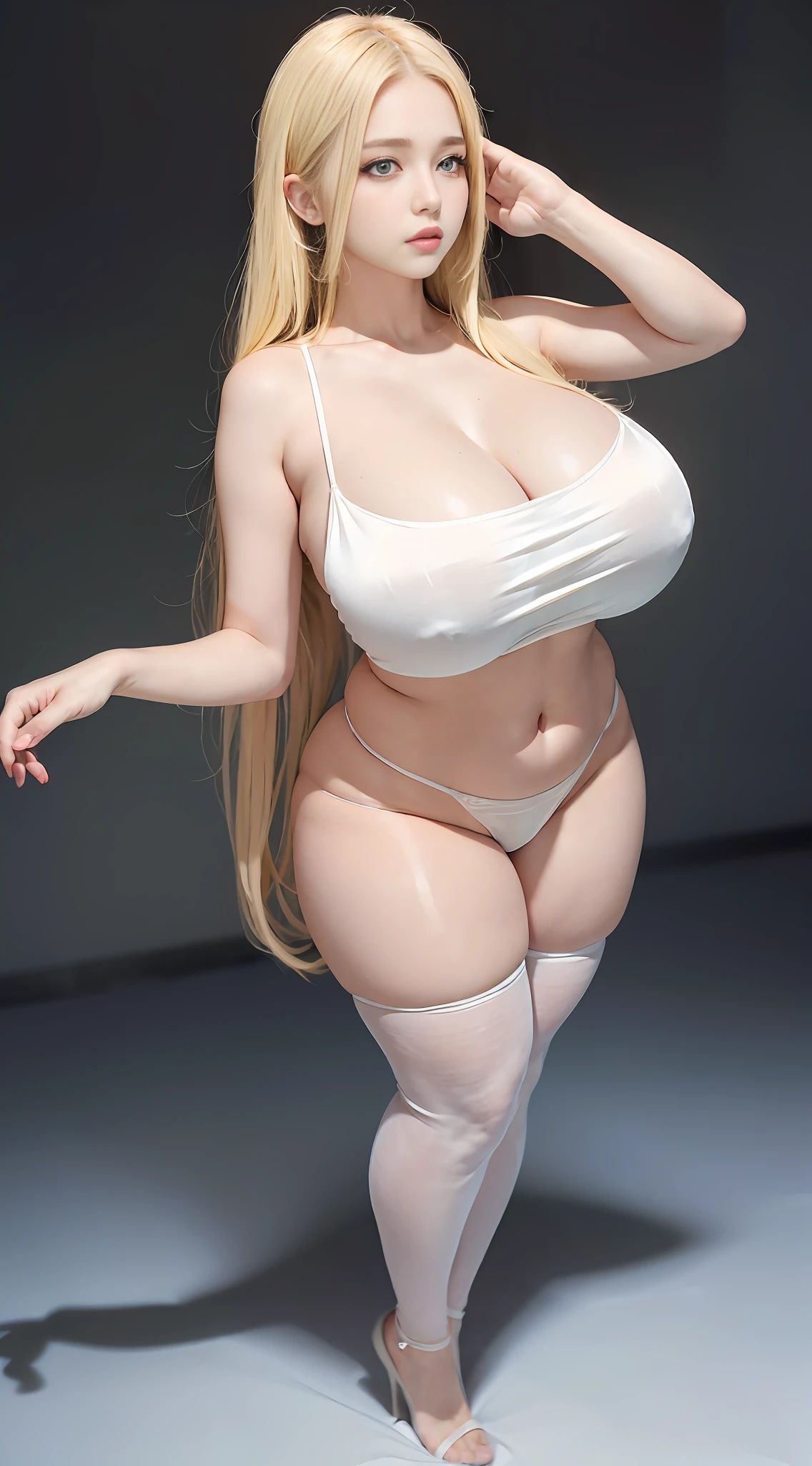 A beautiful woman, (girl-like particularly huge breasts), (girl-like swollen breasts), full body photo, (wearing a transparent white silk holster), posing pose, long blonde hair, green eyes, (highlighting swollen breasts are particularly huge),