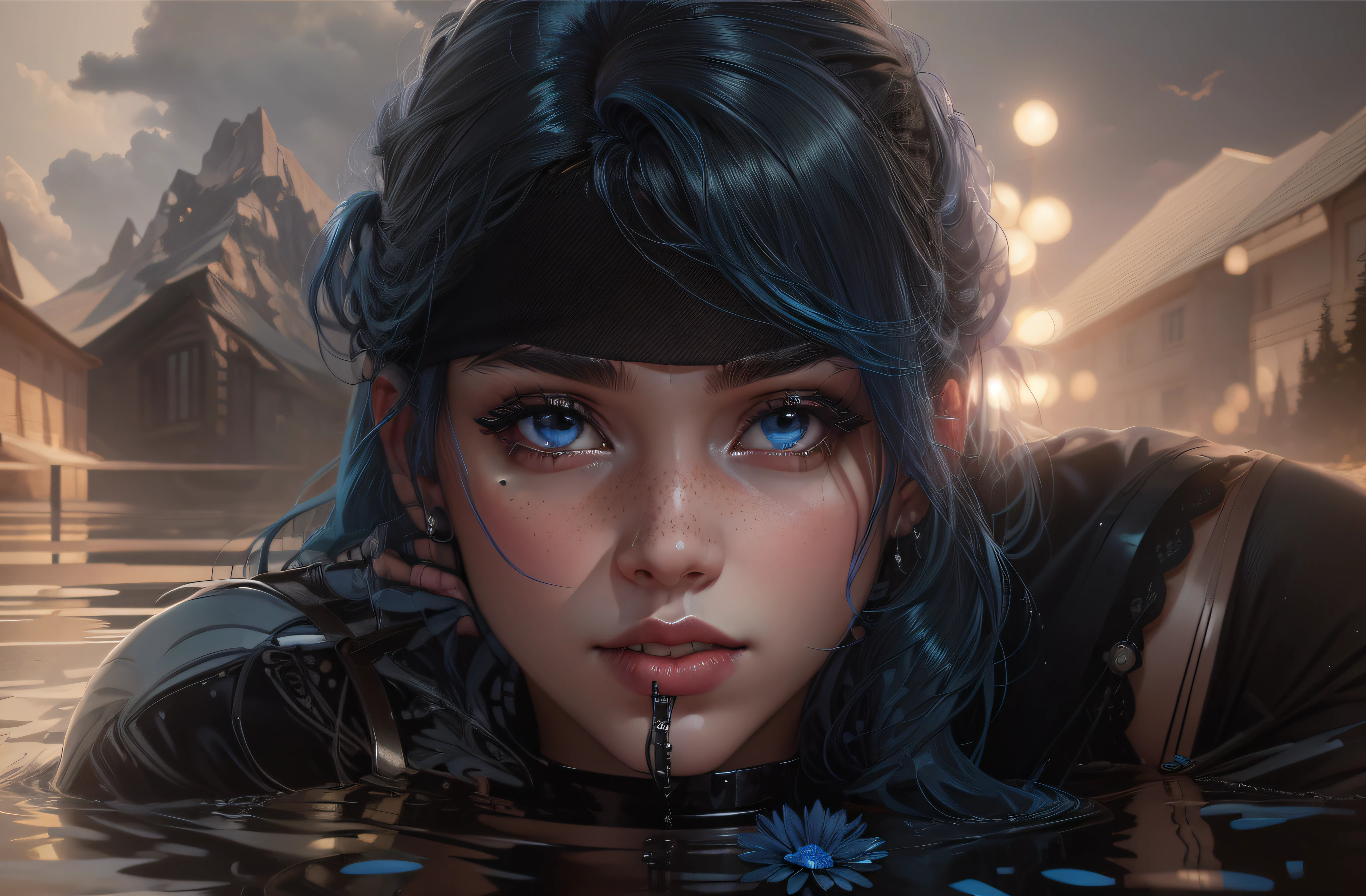 masterpiece, best quality,3d rending work ,3DMM style,close-up,portrait, 3D,1girl, solo, multicolored hair, blue hair, black hair, necklace, freckles, jewelry, two-tone hair, looking to the side, realistic, upper body, simple background, bangs, looking away, short hair, parted lips, black eyes, lips, gothic, choker, makeup, mole, black shirt, shirt, watermark