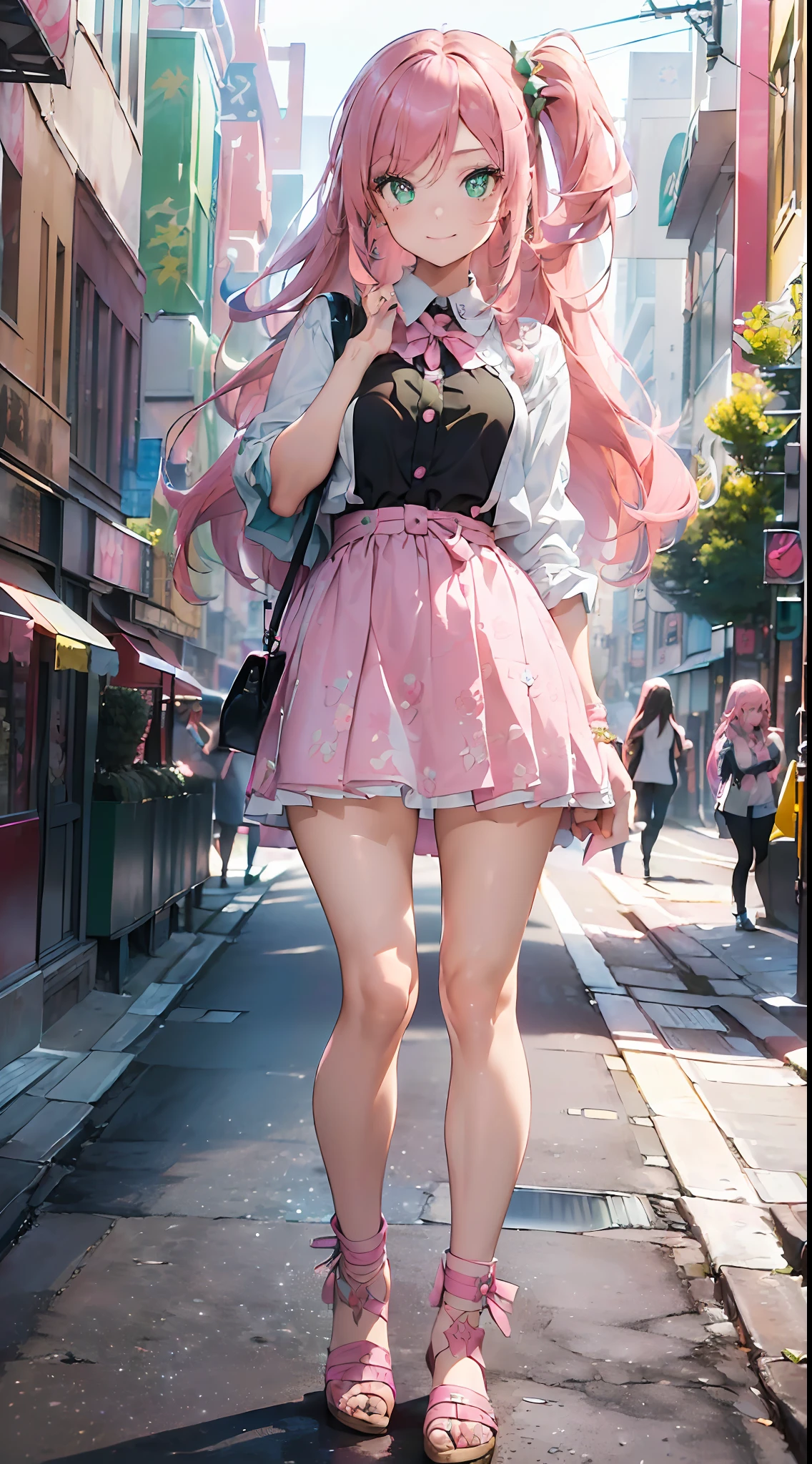 Street snaps ((((masterpiece)), (super detailed, top quality, high resolution, 8k wallpapers, beautiful clothes,)), full body, full body shot (one girl) ((pink hair, long hair, straight hair, two side up)) (green eyes), eyeshadow, eyeliner, shining eyes, beautiful eyes, (sparkling pink pupils)) 18 year old girl in Harajuku style fashion clothes. smiling face