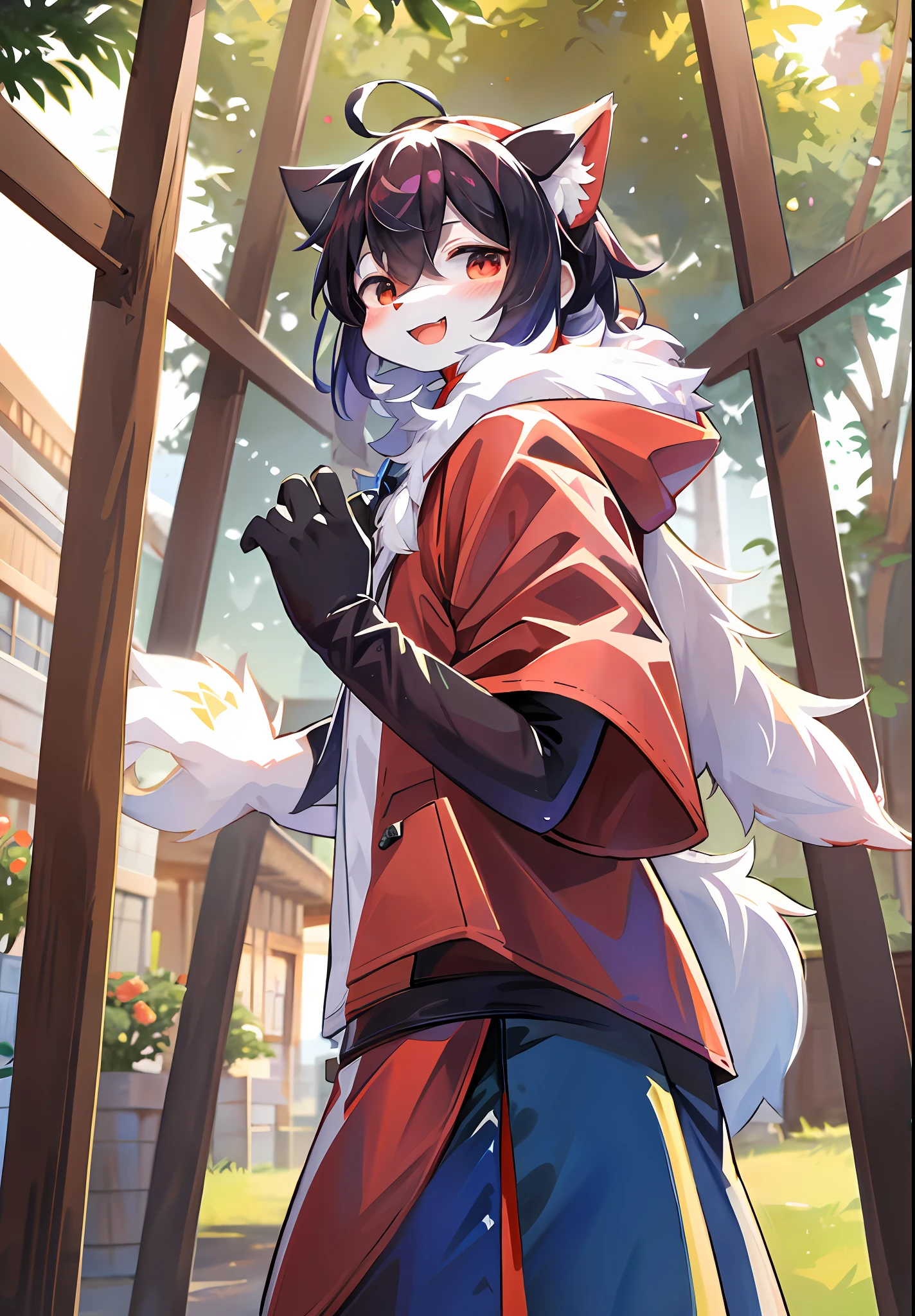(masterpiece:1.3), (2D:1.0), (anime:1.0), (illustration:1.0), (sharp:1.2), (hard light:1.0), (shadow:1.0),(reflection, refraction:0.8), (light, dappled light, glare, lens flare, Tyndall effect: 1.0), (sharp, shiny: 1.0), (Best Quality: 1.2), (Ultra Fine: 1.0), (Extremely Complex: 1.0), (Blurred foreground, Cinematic Light, Ray Tracing: 1.1), (bright_colors, dark_intense_shadows: 1.1), (Impasto, Colorful: 1.2), (warm_light_from_below, glow_white_ particles:1.1),(Ensemble_Stars! _\(style\):0.95). wolf_boy,anthro,uploaded_on_e621,solo,upper_body,cowbow_shot,male_focus,furry_kemono,furry_male,cub,young_male,bishounen,11_years_old,kawaii,cute,fancy,fragile,cool, handsome. detailed_fluffy_fur,tuft,(white_fur,body_fur,oil_skin,skin_with_fluffy_fur:1.3),animal_nose,animal_ear_fluff,fluffy_paws,pawpads,animal_hand,fluffy_big_tail。 Black clothes printed with a maple leaf pattern. (White hooded cape, red and black hoodie: 1.5), short male hair, white hair, purple eyes, closed eyes, bangs, red dull hair, designed according to the character of Genshin Manyo, open mouth, smile, light blush, goggles, raised hand, holding a red katana, red metal leg ring on the thigh of the right leg is short, bottomless, (knife drawn: 1.2), looking at the left front. (night, starry_sky, crescent_moon, star_\(sky\), gem, plant, star_\(symbol), sparkle), outdoor, landscape
