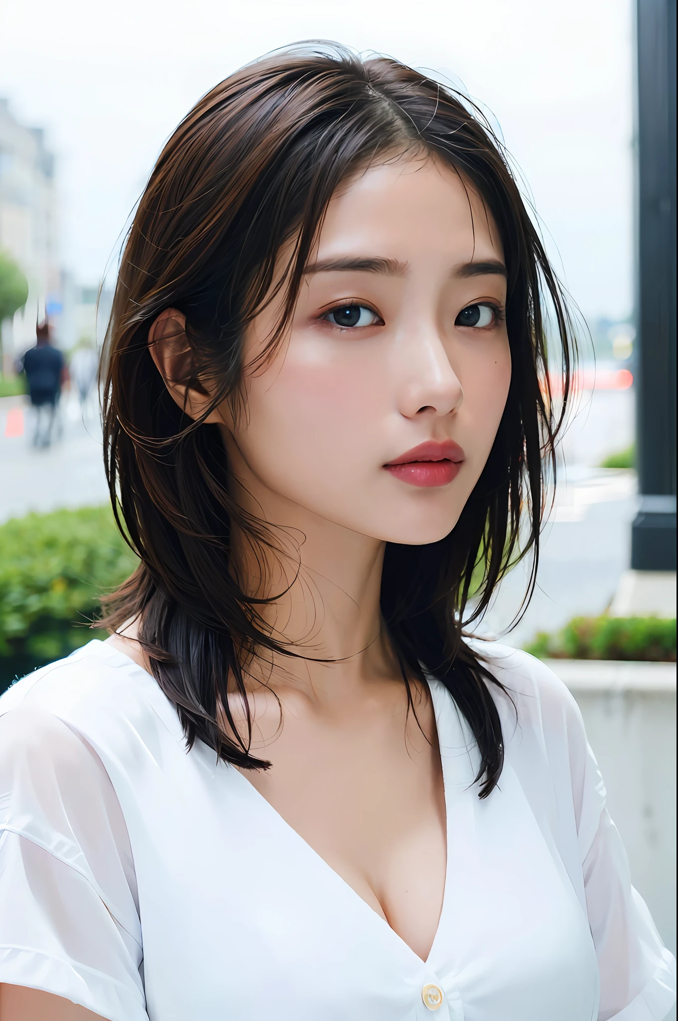 ((Best Quality, 8K, Masterpiece: 1.3)), Sharp: 1.2, Perfect Body Beauty: 1.4, Slim Abs: 1.2, ((Layered Hairstyle, Big Breasts: 1.2)), (Wet White Button Long Shirt: 1.1), (Rain, Street: 1.2), Wet: 1.5, Highly detailed face and skin texture, detailed eyes, double eyelids, side face looking at the camera