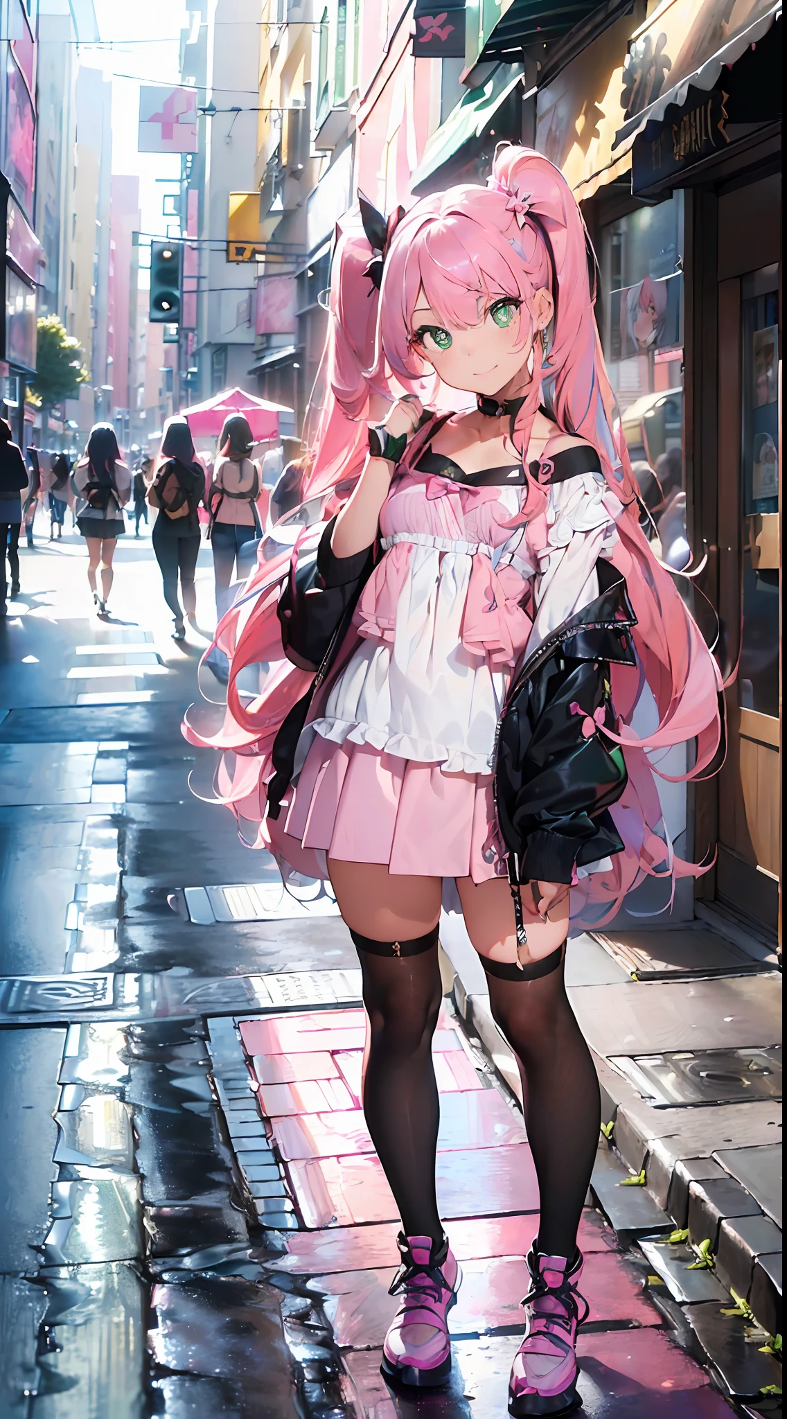 Street snaps ((((masterpiece)), (super detailed, top quality, high resolution, 8k wallpapers, beautiful clothes,)), full body, full body shot (one girl) ((pink hair, long hair, straight hair, two side up)) (green eyes), eyeshadow, eyeliner, shining eyes, beautiful eyes, (sparkling pink pupils)) 18 year old girl in Harajuku style fashion clothes. smiling face