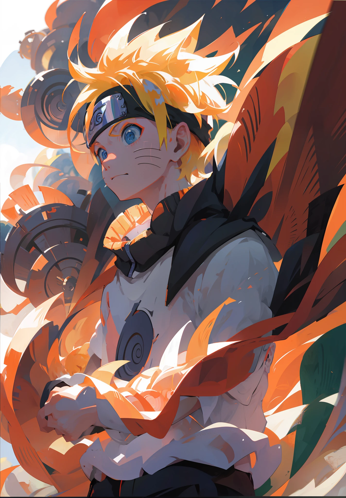 uzumaki naruto, 1boy,  masterpiece, best quality,upper body,portrait, looking at viewer,close up,  white shirt, sunshine, novel illustration,blurry foreground,