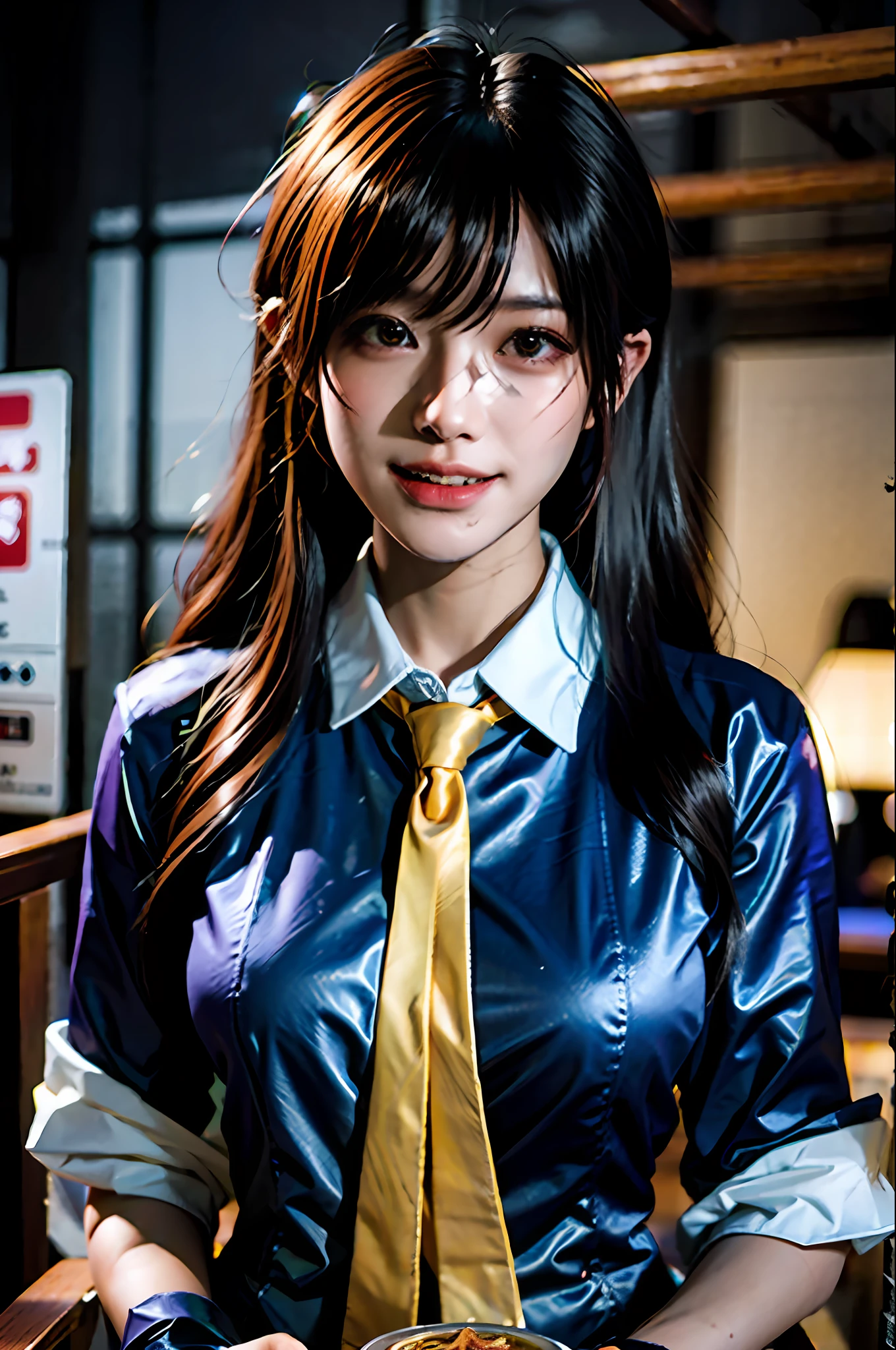 (masterpiece), best quality, ultra high res, close up, slim body, 1girl,school uniform, long hair, laughing, ramen, night, Tokyo restaurant background, colorful lights, photon mapping, radiosity, physically-based rendering, cinematic lighting, intricate, High Detail, Sharp focus, dramatic, photorealistic