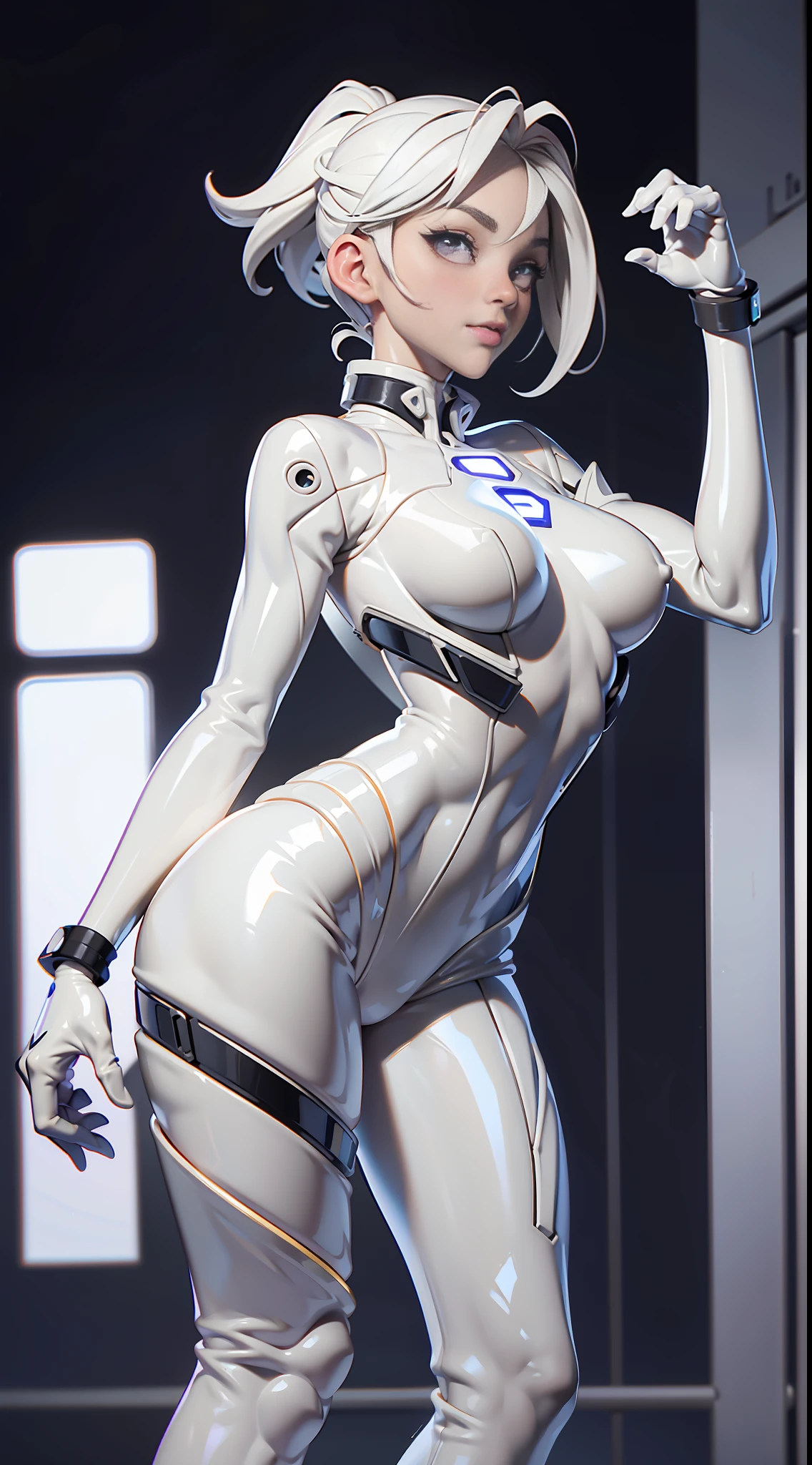 solo, super fine photo, full body picture Unreal Engine 5 8K UHD of a girl in a skin tight futuristic white latex Evangelion plug suit, slick white catsuit, black iconic character, smooth white skin, black body, PVC, glossy latex suit, rubber suit, rubber belts, collar, black rubber glove, high boots, arm and leg cuffs, straps, best quality, masterpiece, official art, unified 8k wallpaper, super detailed, sharp focus, girl and sexy pose, body parts