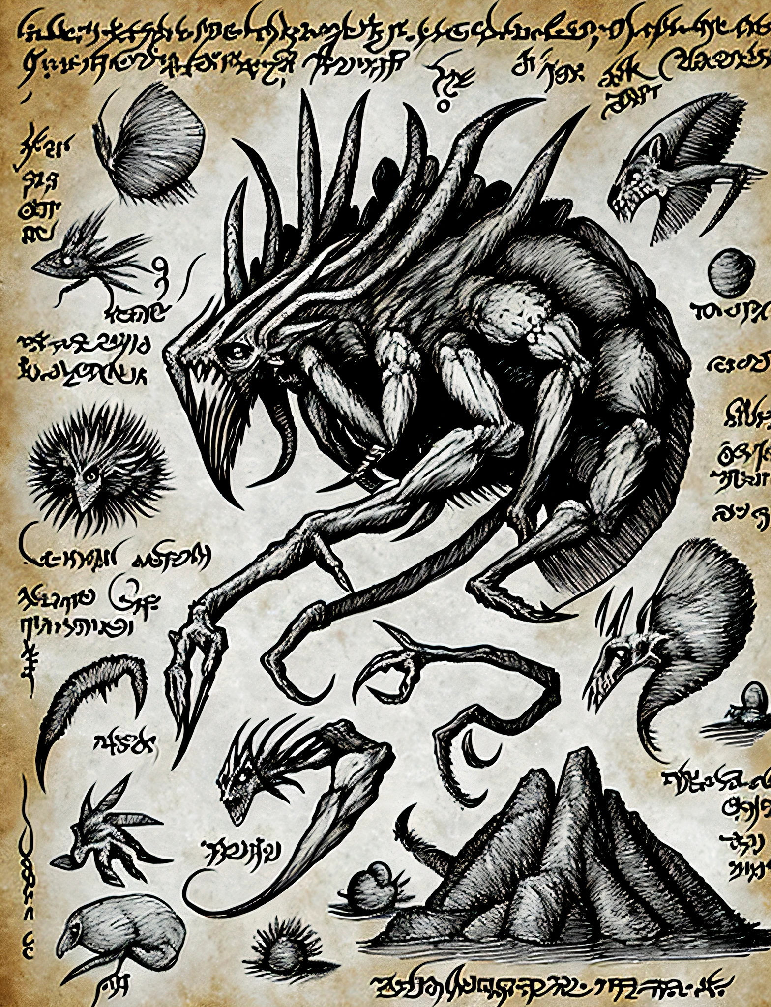 (PLAIN WHITE BACKGROUND), detailed illustration,closeup, blueprint, necronomicon, monochrome, Ephax are a large, arachnoid creature that lives in the forests of Krostes. They are carnivores and hunt their prey by surprise. The ephax has a hard shell covering its body, and its limbs are segmented and have sharp claws. It is a highly aggressive creature. Ephax are known to be capable of hunting humans. They are very territorial, and will defend their territory from intruders.
In order to defeat an Ephax, its legs shall be targeted first in order to hinder its movement. Extreme caution must be taken with its sharp claws. The hard shell can be penetrated by a well sharpened blade or by blunt force. However, if defeated by other means, its shell can be crafted on an incredibly sturdy shield with some Silversap.