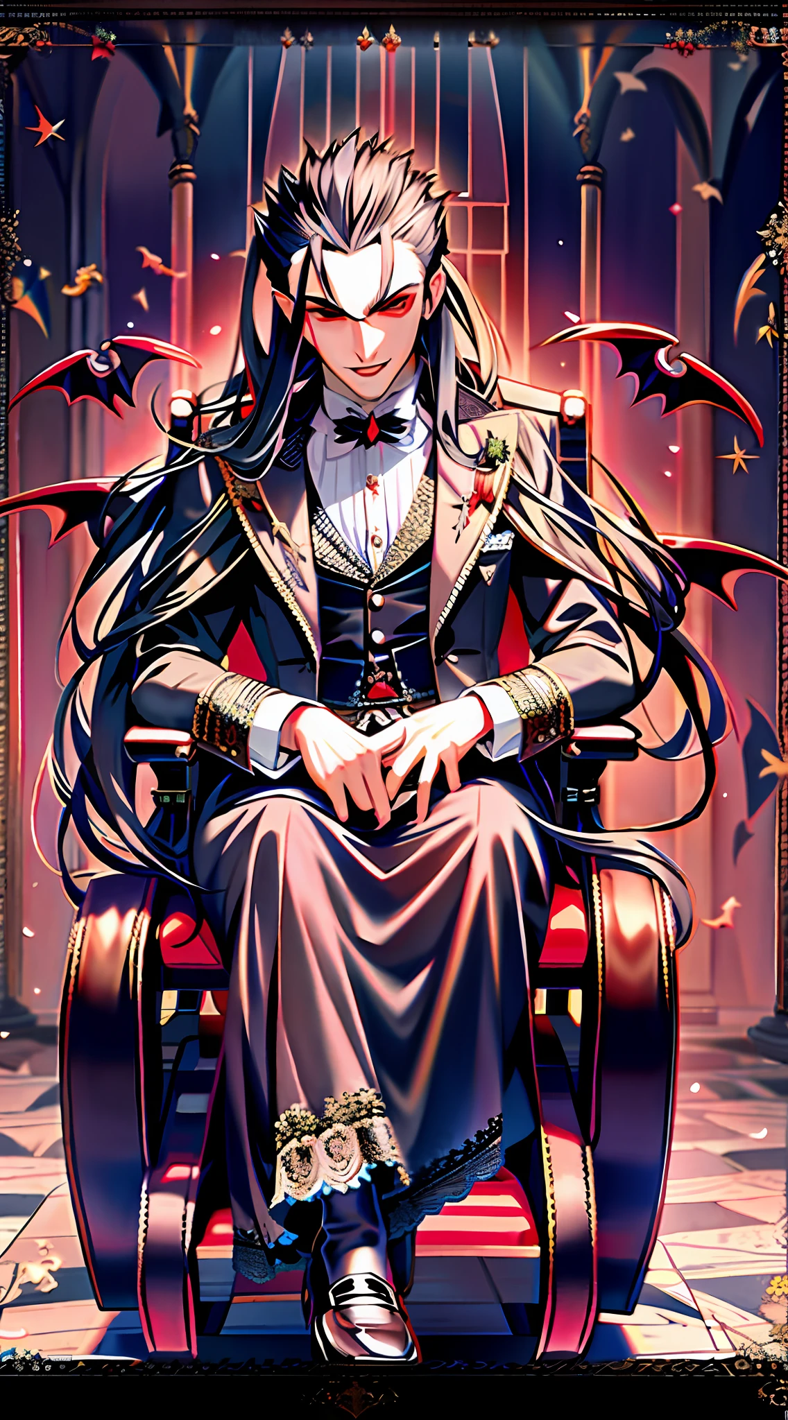 ((attractive vampire man:1.2) AND (wheelchair:1.1)) wearing ((Victorian clothing:1.2) OR (Victorian fashion:1.1)), long ((black hair:1.2) OR (dark hair:1.1)) with a hint of ((fantasy:1.2) OR (magical:1.1)))