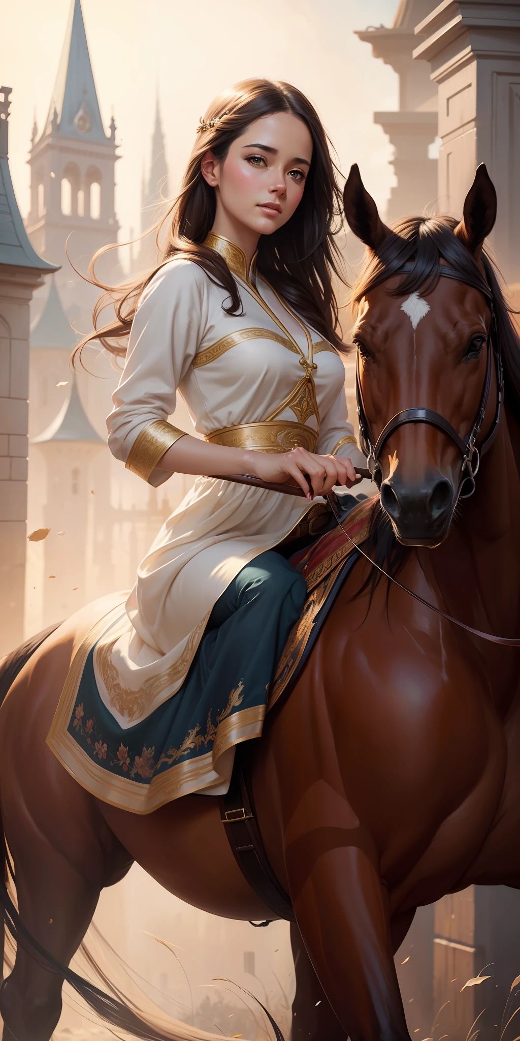 Highest Image quality, high resolution 8k,painting of a beautiful woman, beautiful woman,riding a horse in a dress,very well detailed painting,wlop painting style, beautiful character painting, beautiful painting, very well detailed painting,graphic artist magali villeneuve, by Yang J, wlop art, art by edouard bisson, beautiful fantasy painting, Art by Wlop and Greg Rutxowski, Stylish Digital Painting, Oil Painting Style, Beautiful Digital Painting, Beautifully Detailed