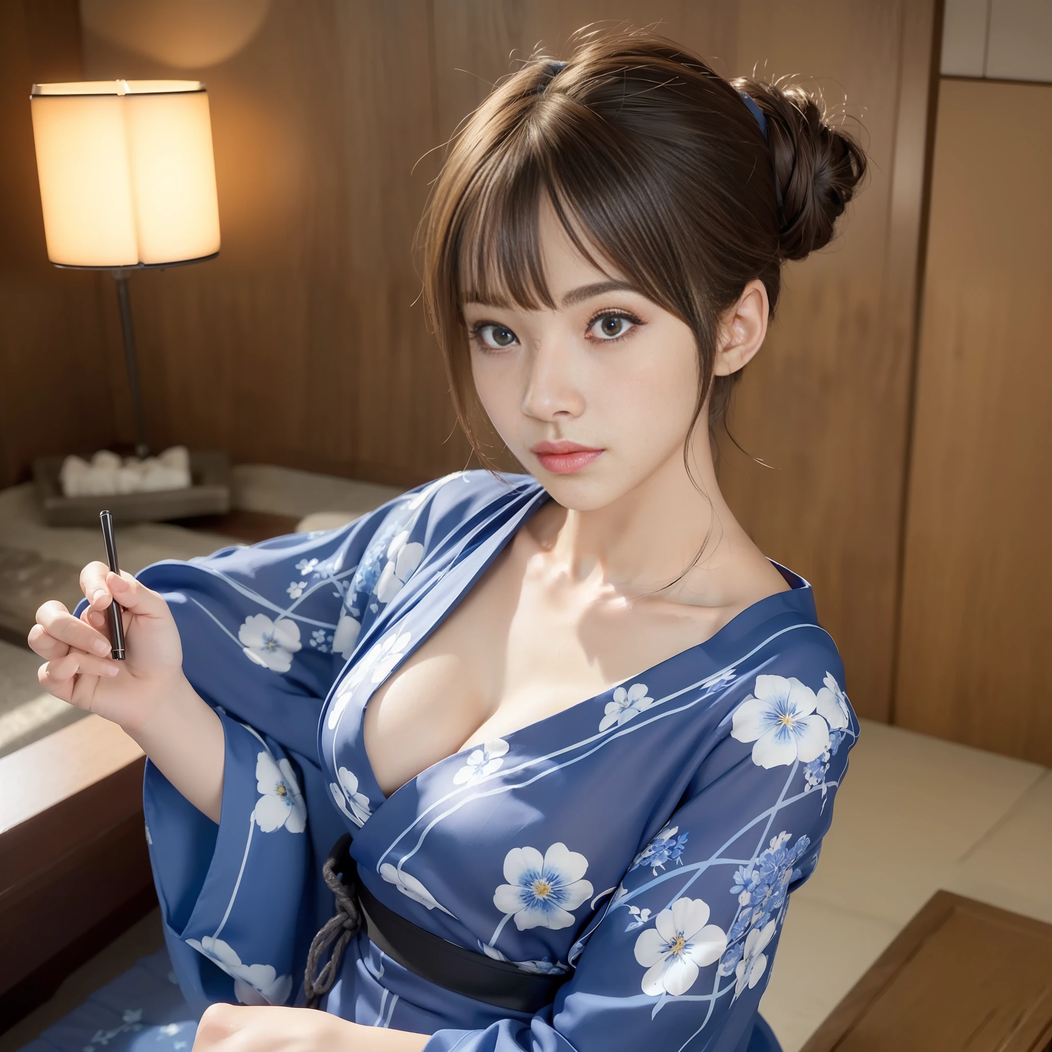 ((Masterpiece, highest quality, ultra definition, high definition))), ((Realistic 3D)),Solo, Beautiful Girl, Shining Eyes, Perfect Eyes, ************, Blue Theme, (((disheveled yukata))), ((Shoulders and chest exposed)),((No underwear)),Fireworks ((Untied yukata obi)),((Thighs are visible))