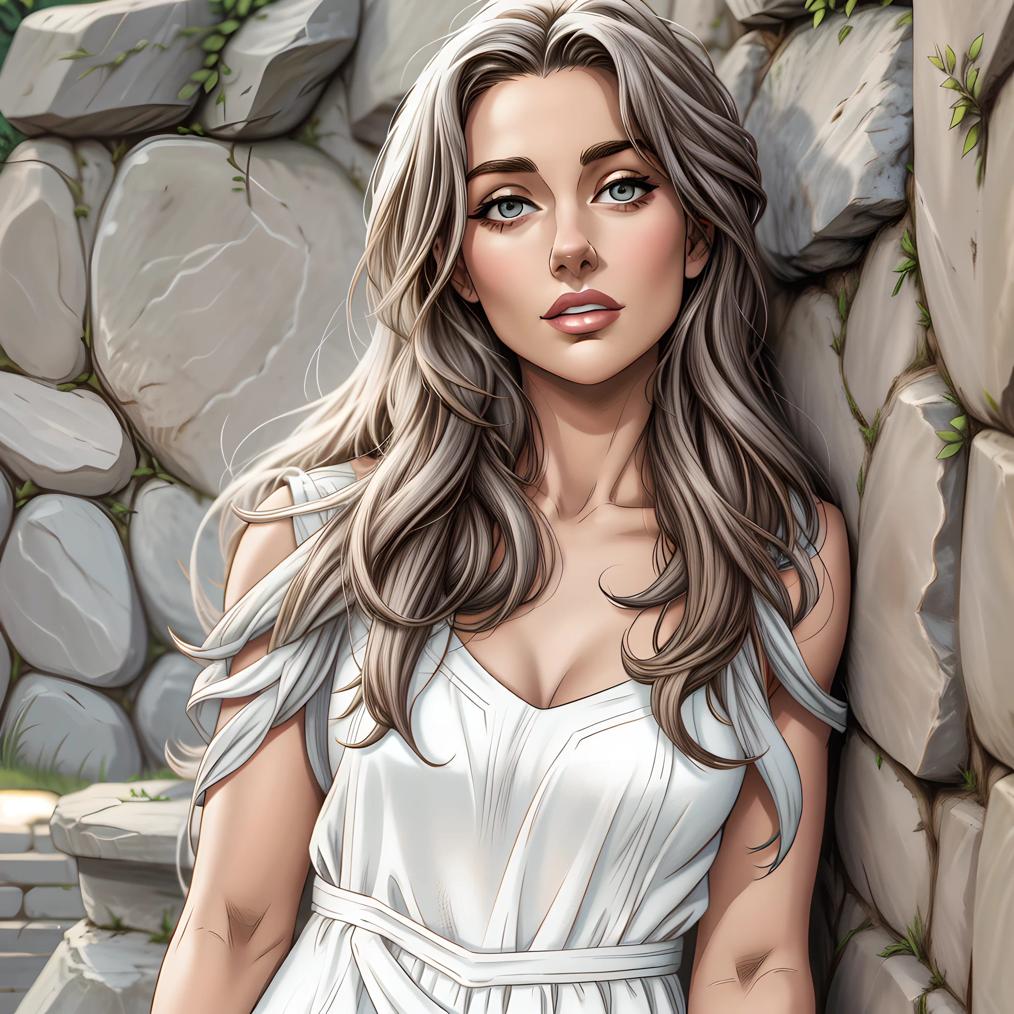 Arafed woman leaning against a stone wall in a white dress, beautiful young model, comic style