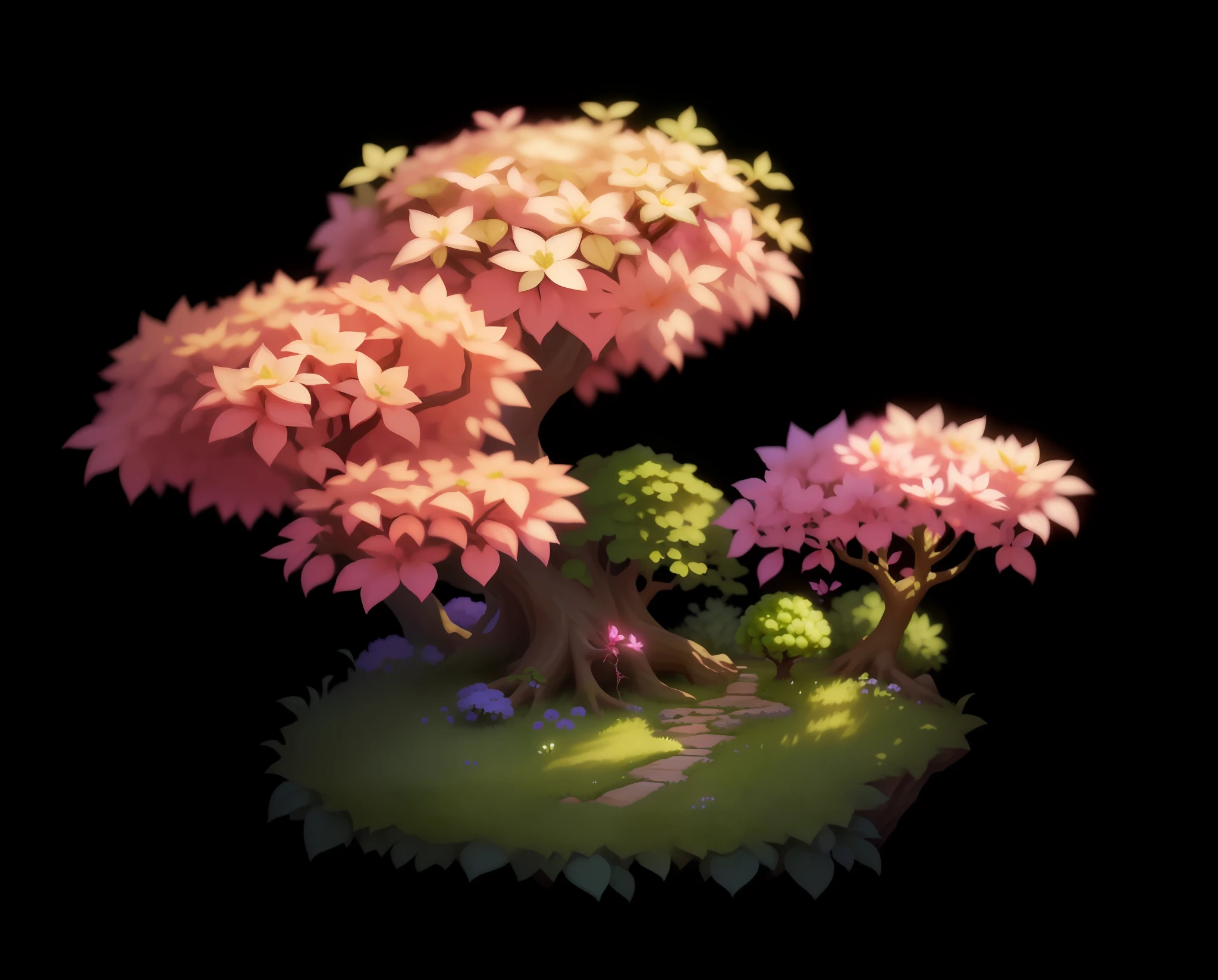 there is a small tree with pink flowers in a pot, stylized vegetation, treant, game asset of plant and tree, deity of hydrangeas, ent treant dryad, props containing trees, flying trees and park items, plant monster, stylized, stylized art, style of duelyst, fantasy magical vegetation, graphic of enchanted terrarium --auto --s2