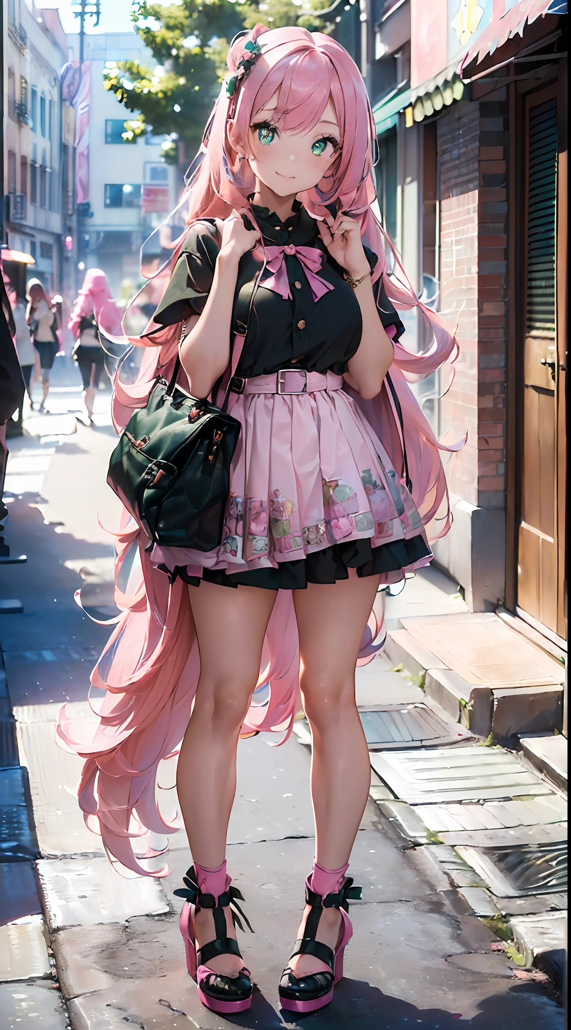 Street snaps ((((masterpiece)), (super detailed, top quality, high resolution, 8k wallpapers, beautiful clothes,)), full body, full body shot (one girl) ((pink hair, long hair, straight hair, two side up)) (green eyes), eyeshadow, eyeliner, shining eyes, beautiful eyes, (sparkling pink pupils)) 18 year old girl in Harajuku style fashion clothes. smiling face