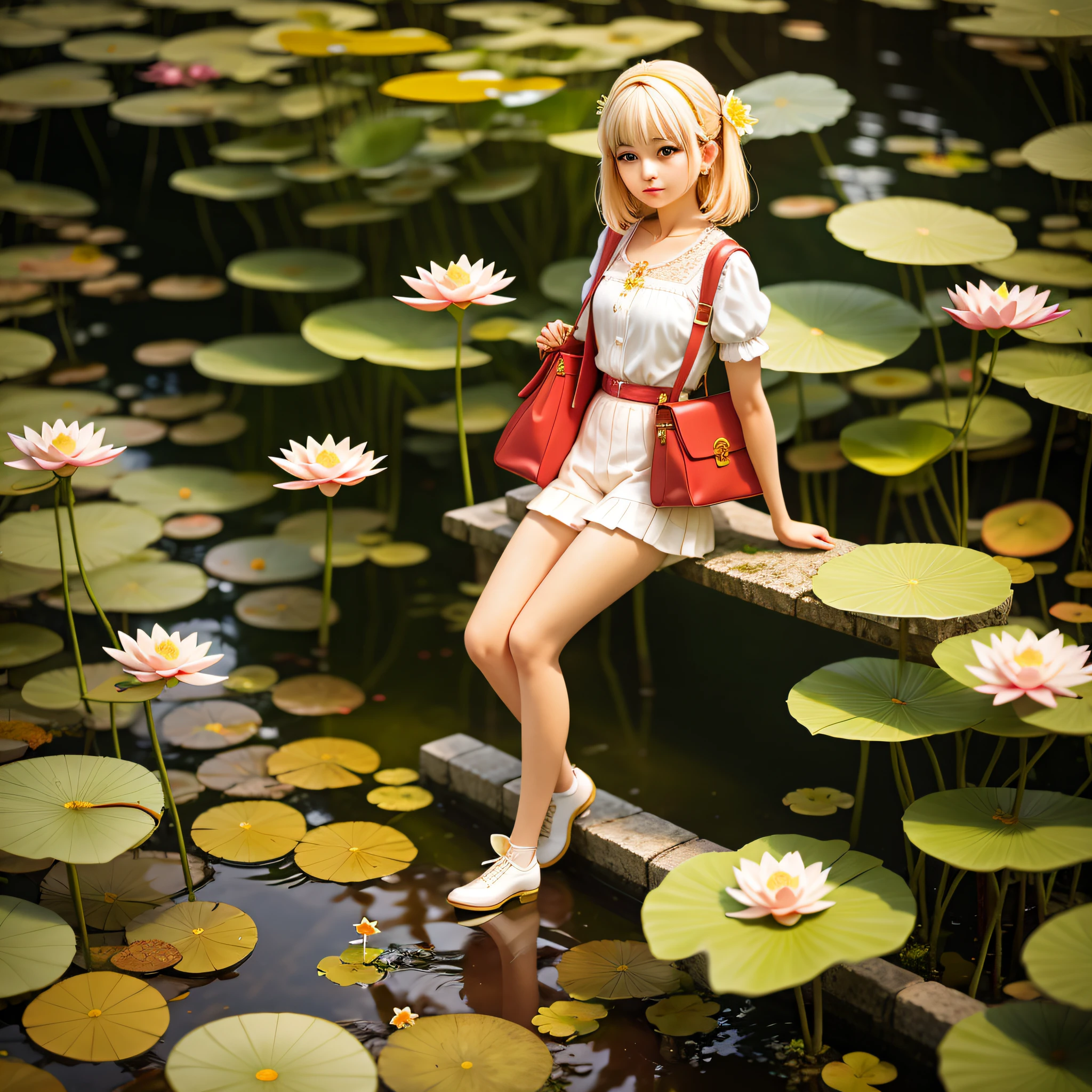 Star hairpins, carrying a satchel, white short-sleeved blouse, leaning against a stone railing, behind a lotus pond