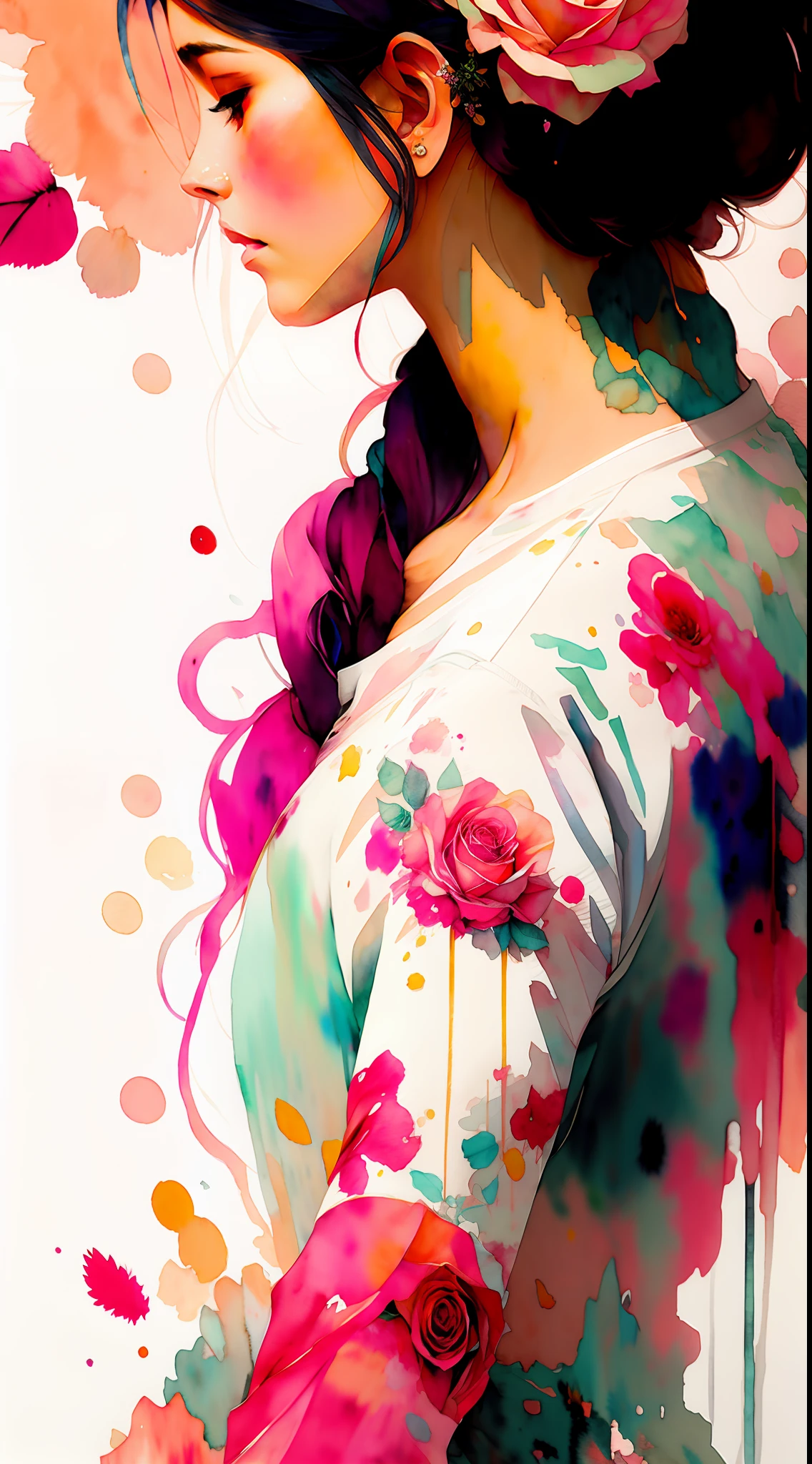 wtrcolor style, (rose) digital art, official art, blown by the wind, masterpiece, beautiful, ((watercolor)), paint splatter, intricate detail. Great detail, [dripping:0.7], Trending on Artstation, Rachel Walker