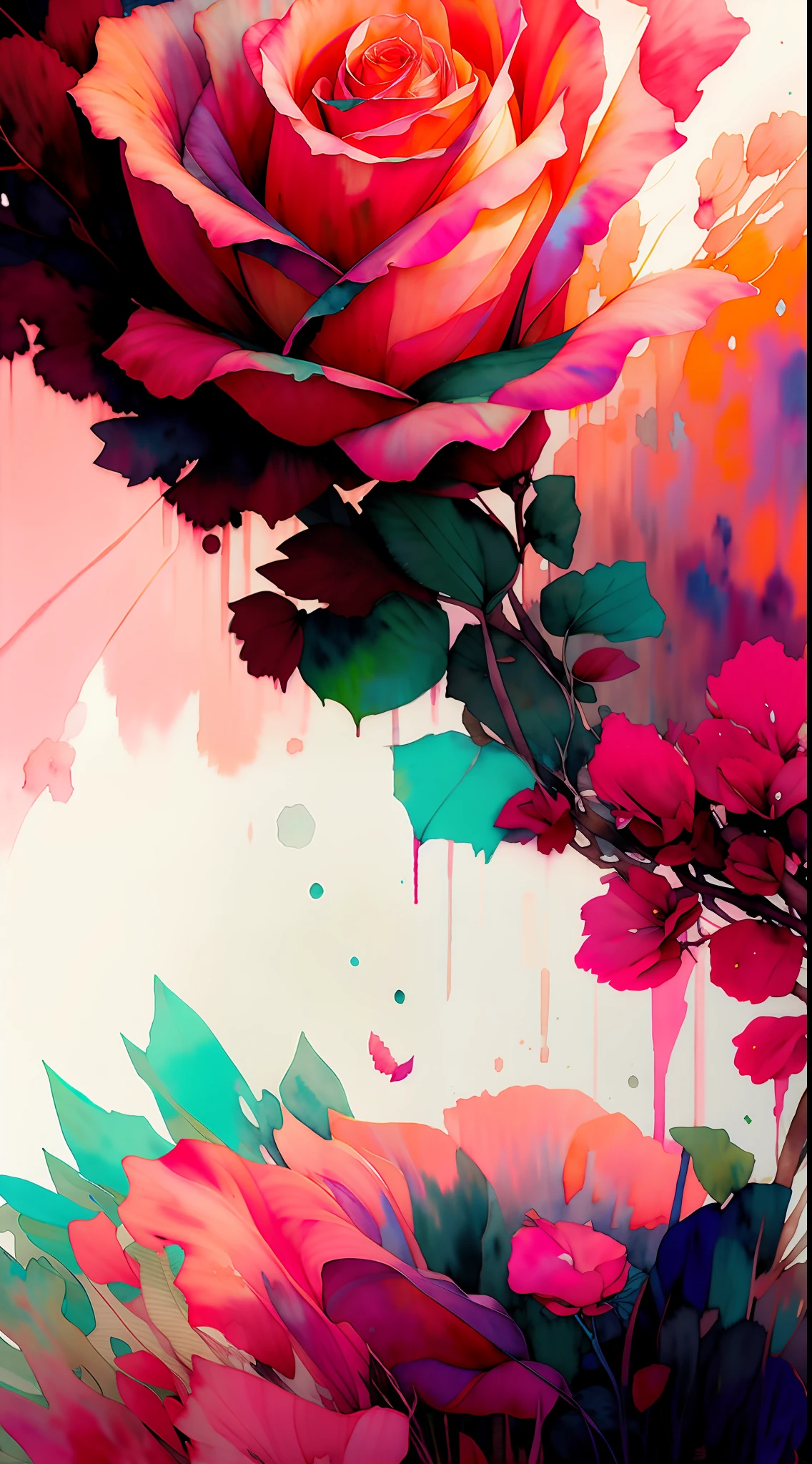 wtrcolor style, (rose) digital art, official art, blown by the wind, masterpiece, beautiful, ((watercolor)), paint splatter, intricate detail. Great detail, [dripping:0.7], Trending on Artstation, Rachel Walker