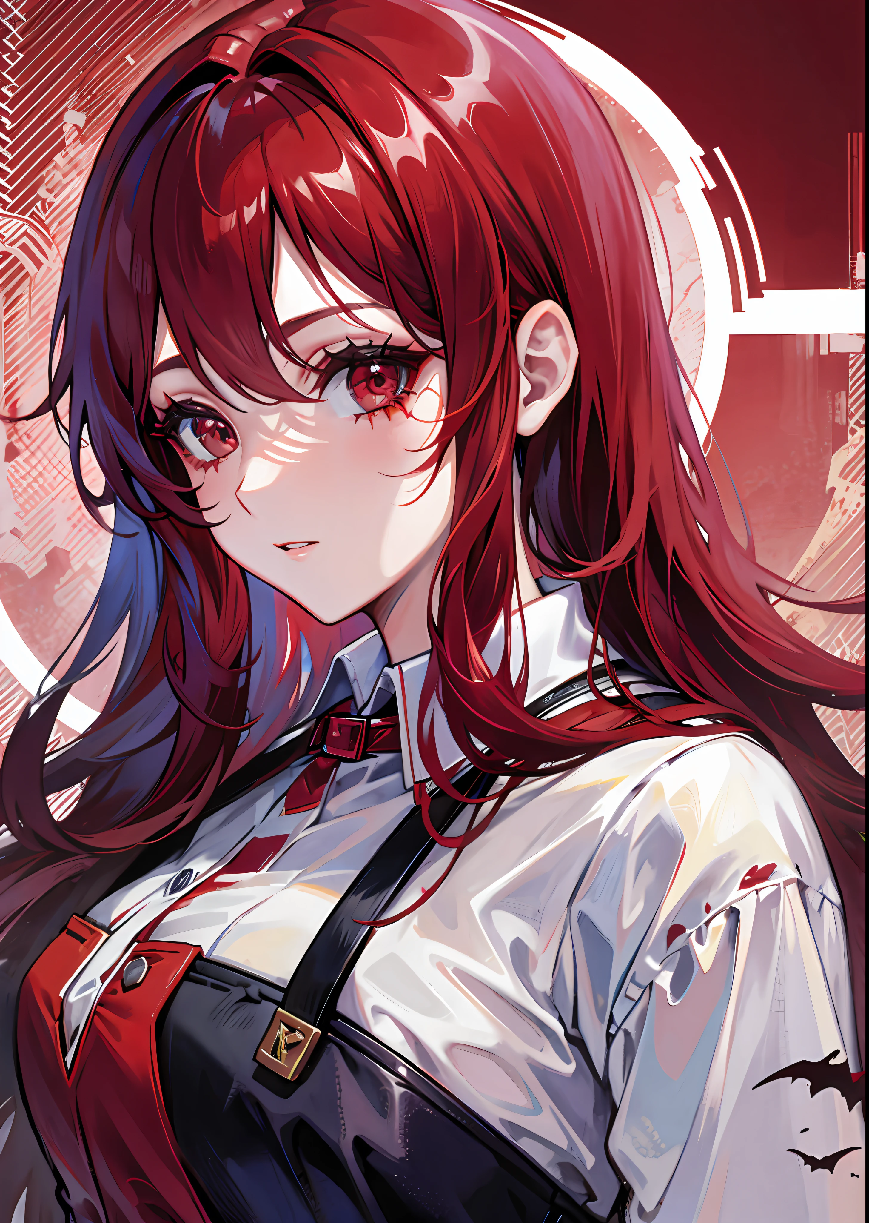 Red-haired heroine with a slightly sideways face, clothes stained with blood, red moon, bat