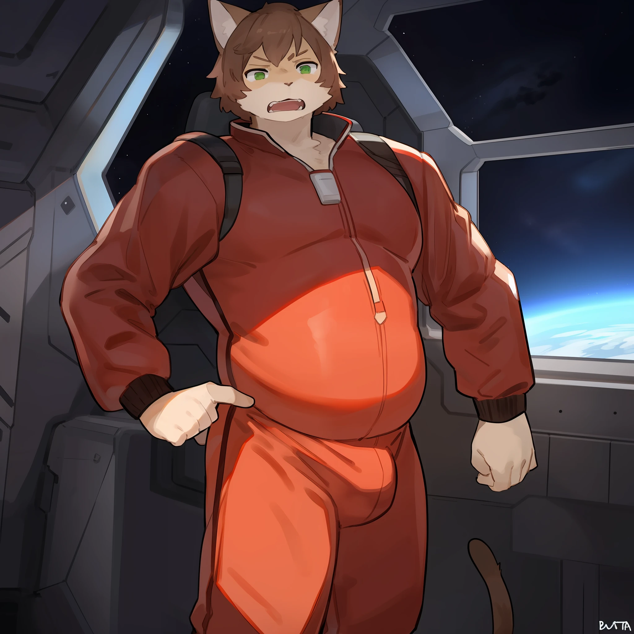 mature, dilf, big arms, bulge, soft belly, round tummy, chubby, Solo, male, feline, domestic cat, brown fur, brown body, green eyes, sandy brown hair, tan hair, light brown hair, short hair, slim, weak, detailed eyes, detailed hands, open mouth, angry, angry expression, red jumpsuit, red spacesuit, spaceship, standing, space, window, by bebebebebe, by buta99,