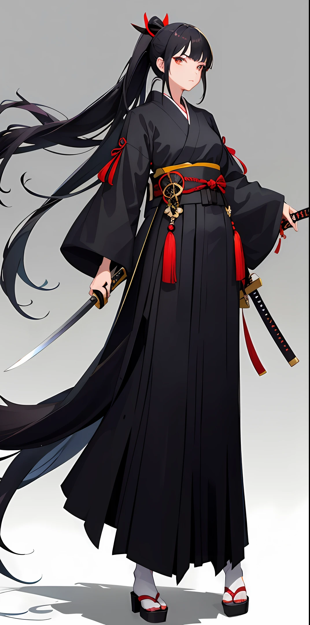 Female illustration style Long ponytail Black hair Long bangs Hakama suit Three views Katana Meticulous work