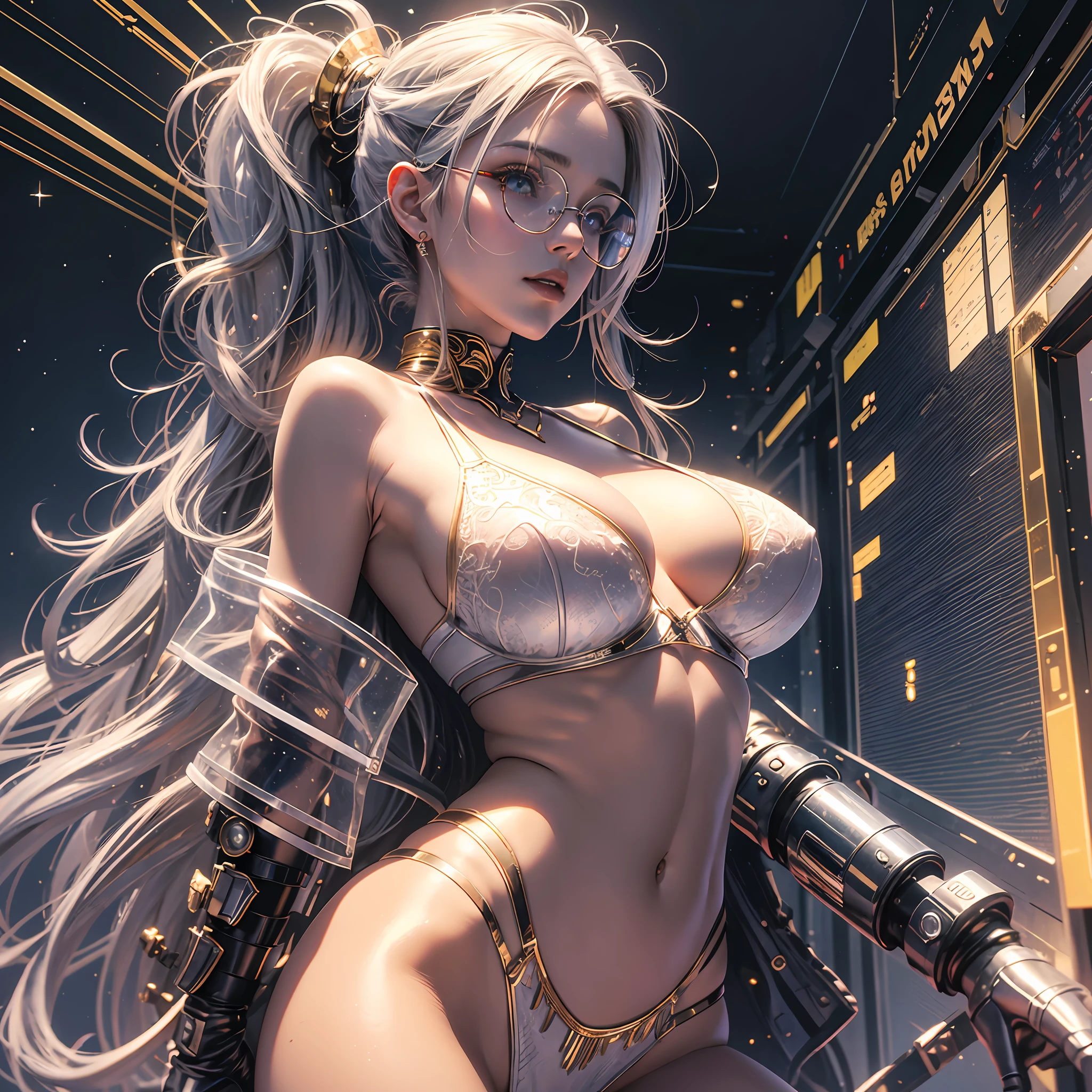 very cool intelligent beauty, silver glasses, high leg thong red see-through sexy bra and panties, anime, manga, illustration, fantasy, white silver glossy flowing layered wavy long hair, french braid ponytail, sparkling glossy gold big eyes, huge breasts, abs, slender, full body, background galaxy brilliant magic circle, give off rainbow and gold neon light many lines radially from floor and ceiling, portrait, animification, high resolution, best quality, very high image quality, ultra detailed, hyper realistic, photorealistic --auto --s2