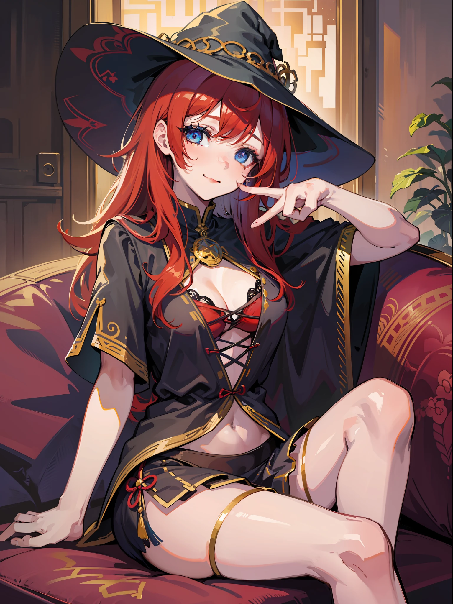 cute girl, witch, sitting in a couch, in love,vivid eyes, thin clothes, smilling, alone, night, gorgeous, intimate, messy hair, digital art, in a hut masterpiece, high details, modern, red hair, intricate, perfect face, traced lights, peace, sensual, embarassed.