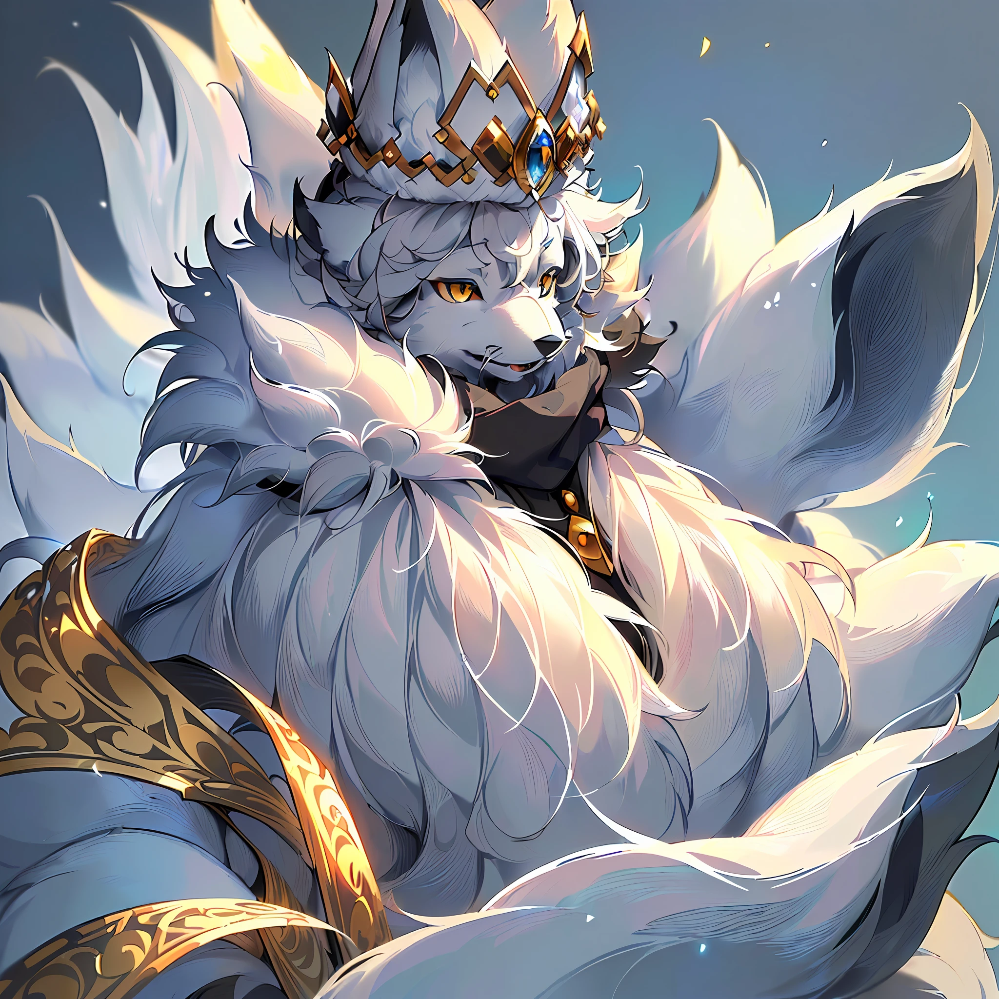 (Best Quality), (Masterpiece), ((Solitary)), (Ultra-detailed), (Furry), (Furry, (Male Arctic Fox: 1.5), (Grey Skin: 1.3), (Fluffy Tail: 1.2), Character Focus, (Golden Eyes), (Arctic Fox's Paws), (Grey Ears), Sharp Focus, (Furry Animal Ears), ((Wearing a Cloak)), ((Wearing a Magic Hat)), Showing Teeth