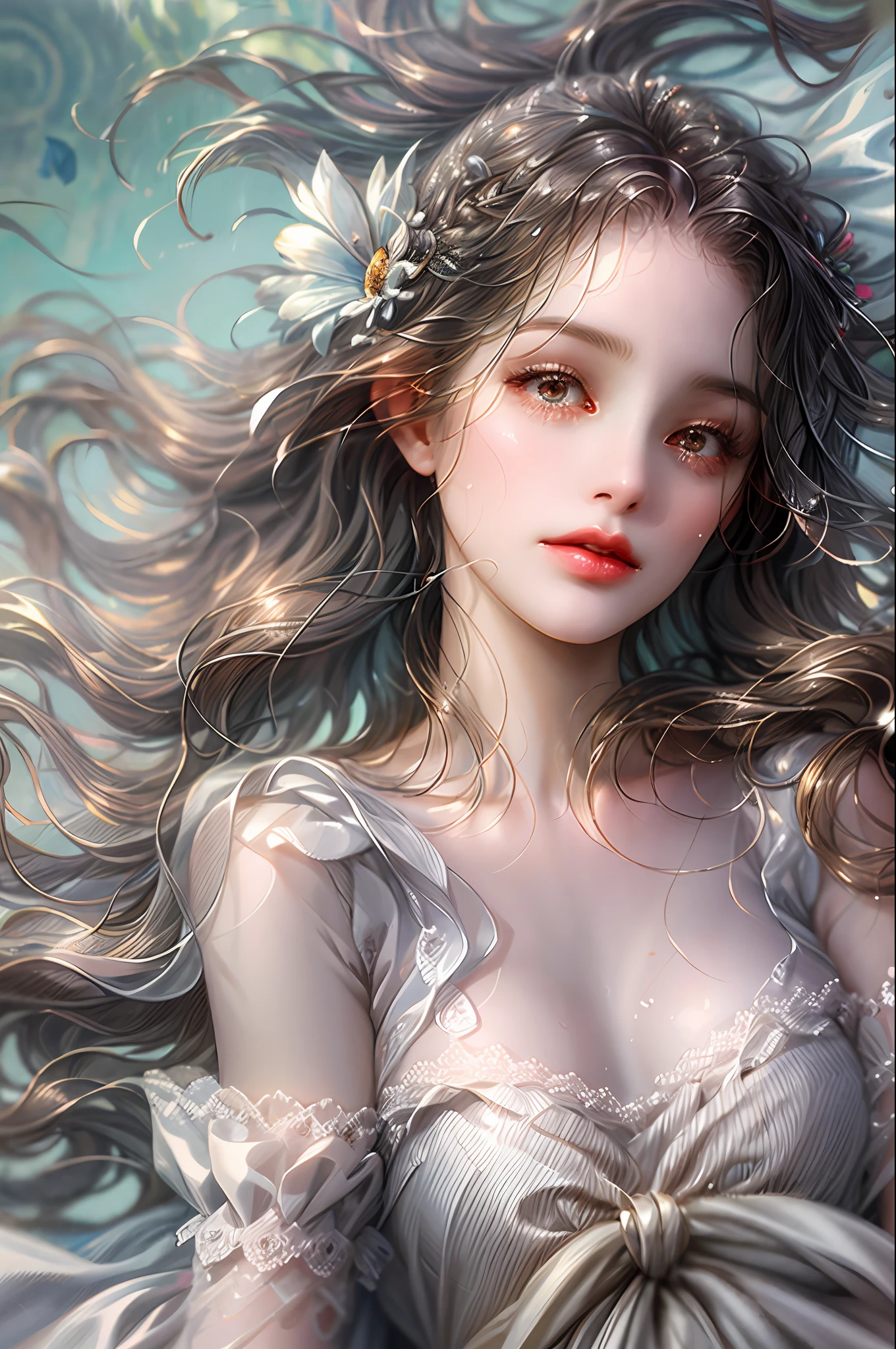 (absurd, high resolution, ultra detailed), 1 girl, alone, mature, (long wavy dark gray hair), white dress, elegant, holy, colorful, more detailed, portrait, close-up, underwater, floating hair, flower, sad, with tears.