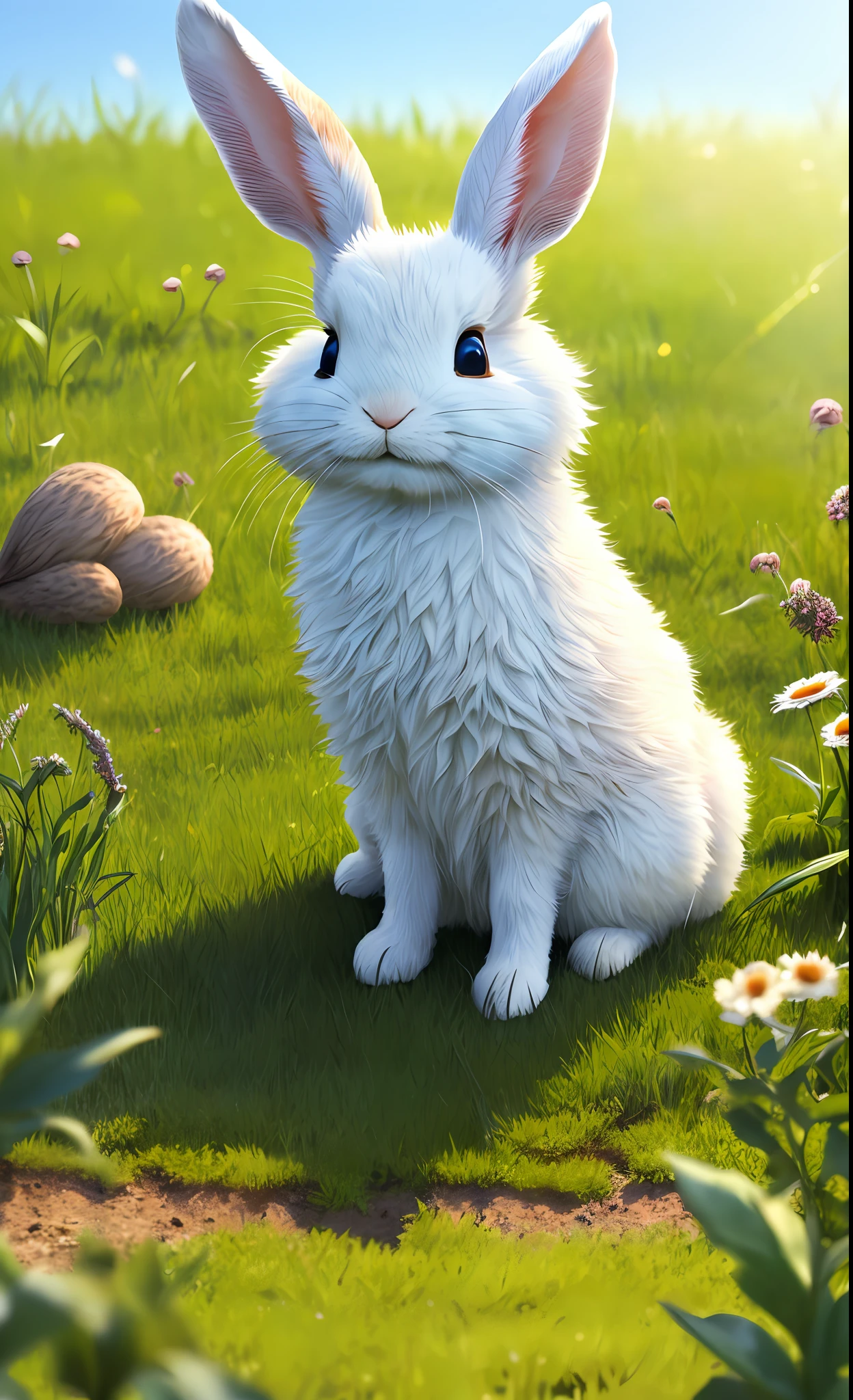 ((masterpiece, best quality)), soil, animal ears, fluffy rabbit, rabbit ears, looking at the viewer, grass, outdoors, whole body, animal, sunlight, dappled sunlight, daytime, depth of field --v6