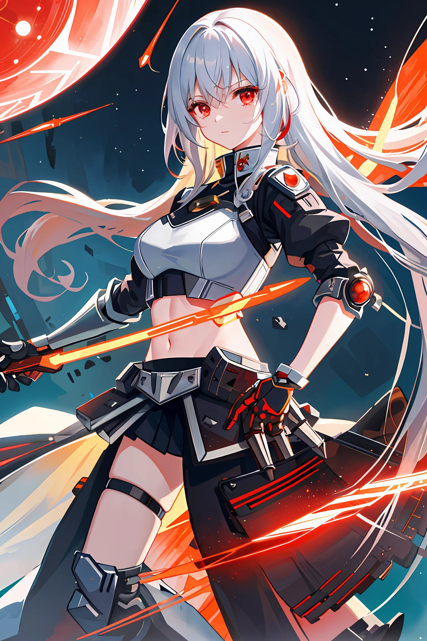 Girl, two-dimensional, yellow long hair and curly hair, red eyes, lonely expression, tears in the corners of the eyes, wearing red and black mechanical cool armor, holding a red and white mechanical long knife in the left hand, background starry sky, obvious scratches on the armor, sense of technology, cyberpunk style, seven high-tech levitation cannons suspended behind him, full of science and technology, armored crop top, white stockings, armored skirt over the knee, a pair of mechanical wings on the back, wearing black mechanical gloves