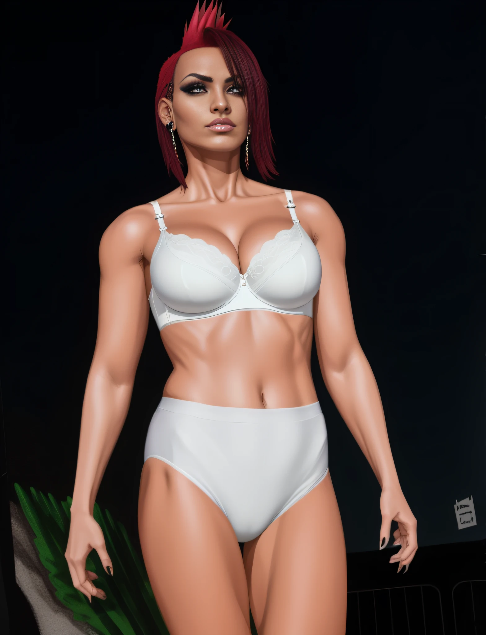 Punk Latina with mohawk in white bra and white high cut cotton panties, realistic art style, detailed wrinkles