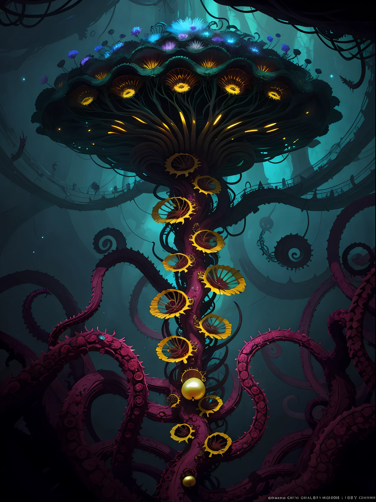 ((best quality)), ((masterpiece)), (high detail), (highres), looking up at the infinite length of the universe, endless galaxies, dangerous black holes, exploding supernovae, floating stars, endless stairs, nebulae, ominous, cinematic atmosphere, negative dark mode, mc escher, senseijaye art, matrix atmosphere, digital code rotation, matte painting," A golden pearl alien wrapped around jungle vines, detailed facial features, extremely delicate and beautiful", colorful poisonous flower vines, surrounded by hordes of red tentacles, antennae: 1.5), swarms of tentacles in the background, fluffy, detailed, cinematic lighting, vibrant nature, volumetric light, trend on artstation, Octane rendering.", trends on artstation, clear focus, studio photos, Intricate detail, very detailed, ((fantasy)), intricate, Unreal Engine,