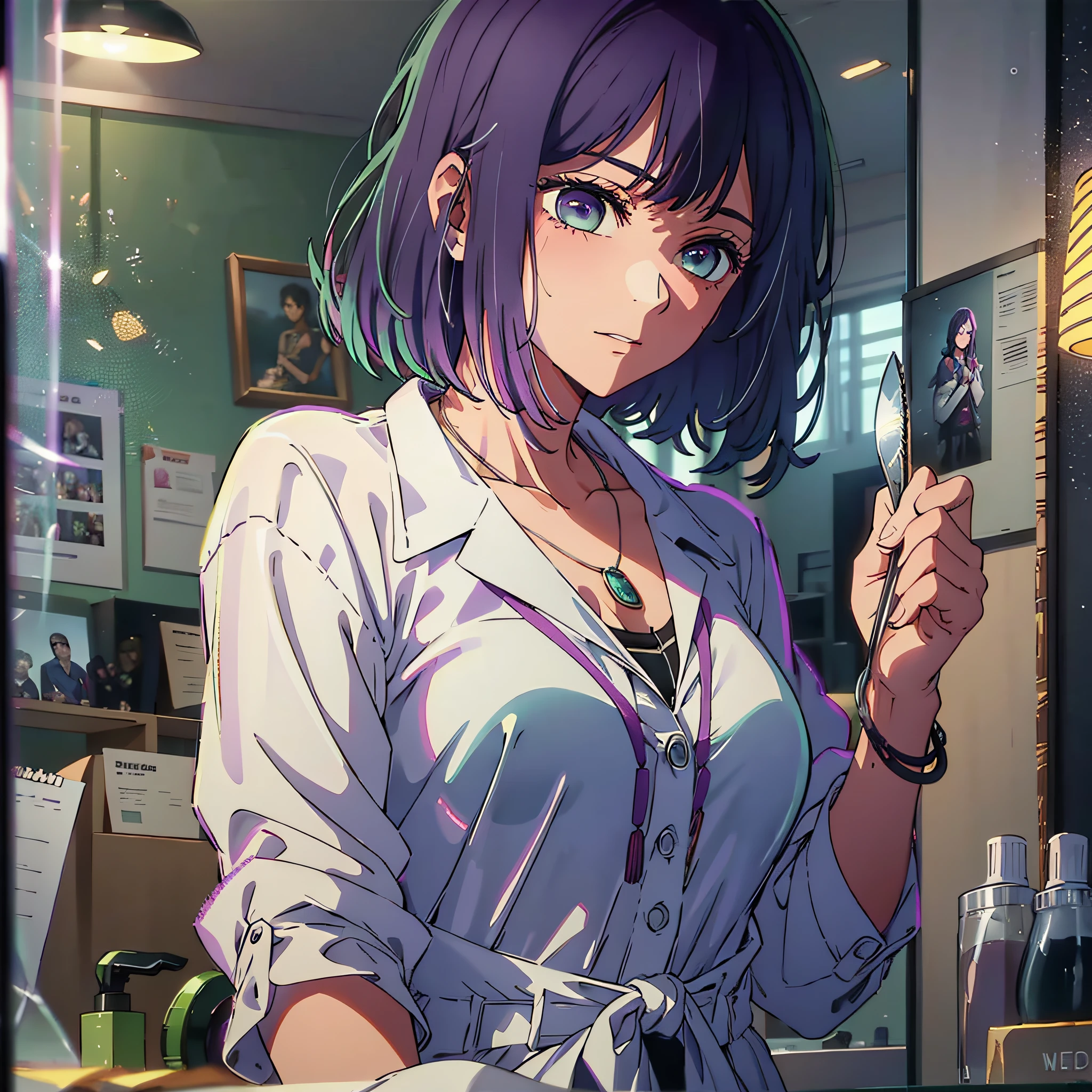 High resolution, highest quality, illustration, super detailed, (detailed face), (detailed eyes), cinematic lighting, best quality, super detailed, masterpiece, fine lines, 1girl, solo, purple hair, purple eyes, white coat, pink shirt, jewelry, necklace, glowing eyes, medium breasts, light, (colored), upper body, scissors in hand, interior, bathroom, cutting hair in front of mirror
