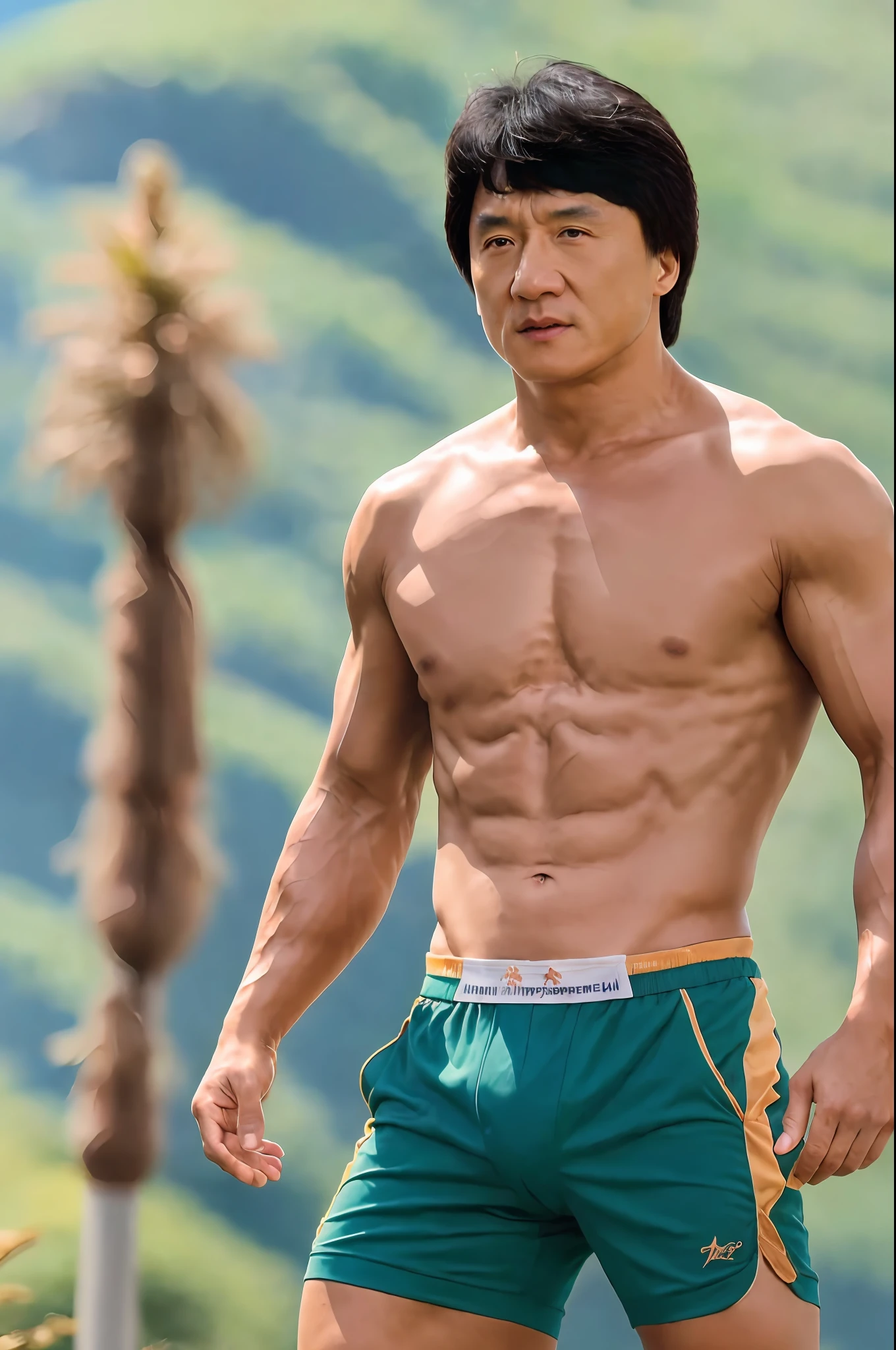 jackie chan, jchan, 1 man, defined body, traditional Chinese, full body shot, marking underwear, open legs, elegant, tanned skin, body hair, sweat, highly detailed skin, masterpiece, best quality, 8k, HD, high resolution, DSLR, high quality, Fujifilm XT3, film grain, award-winning.