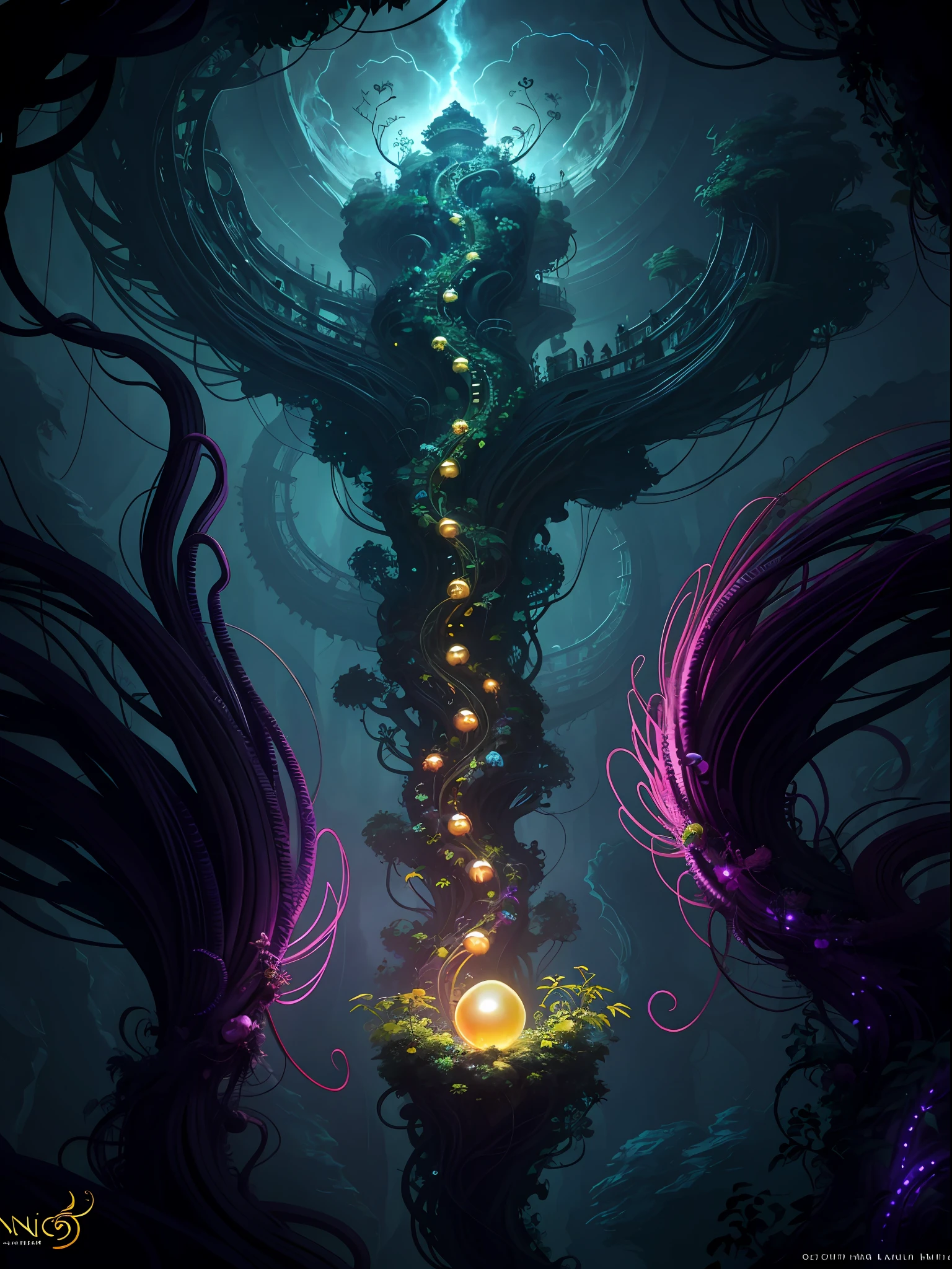 ((best quality)), ((masterpiece)), (high detail), (highres), looking up at the infinite length of the universe, endless galaxies, dangerous black holes, exploding supernovae, floating stars, endless stairs, nebulae, ominous, cinematic atmosphere, negative dark mode, mc escher, senseijaye art, matrix atmosphere, digital code rotation, matte painting," A golden pearl alien wrapped around jungle vines, detailed facial features, extremely delicate and beautiful", colorful poisonous flower vines, surrounded by hordes of red tentacles, antennae: 1.5), swarms of tentacles in the background, fluffy, detailed, cinematic lighting, vibrant nature, volumetric light, trend on artstation, Octane rendering.", trends on artstation, clear focus, studio photos, Intricate detail, very detailed, ((fantasy)), intricate, Unreal Engine,