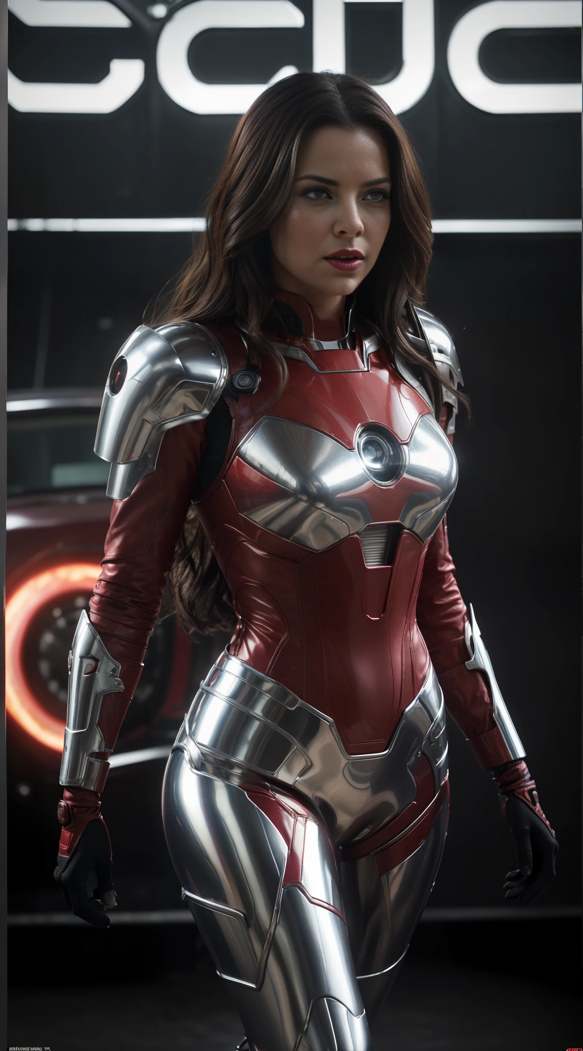 1girl, (((solo))), Kate Beckinsale in Marvel's Iron Man costume ((((complex, absurd, futuristic details))) ((((predominant red color))). The armor covers your entire body, pistons, conductive wires and hoses connect parts of the body (((insane details, metallic texture, chrome))). Long black hair. Detail brown eyes. Highly detailed face, slightly pink cheeks, mascara in the eyes, red lipstick in the mouth, proud facial expression. Hair sways in the wind (((insane details))). Full-length portrait showing an imposing posture, walking towards the viewer. Head proportional to the body. In the background a country at war with tanks, soldiers and bombing planes (((insane details, high quality))). Cinematic lighting. Hyper realistic, highly detailed, cinematic, movie poster. 8K