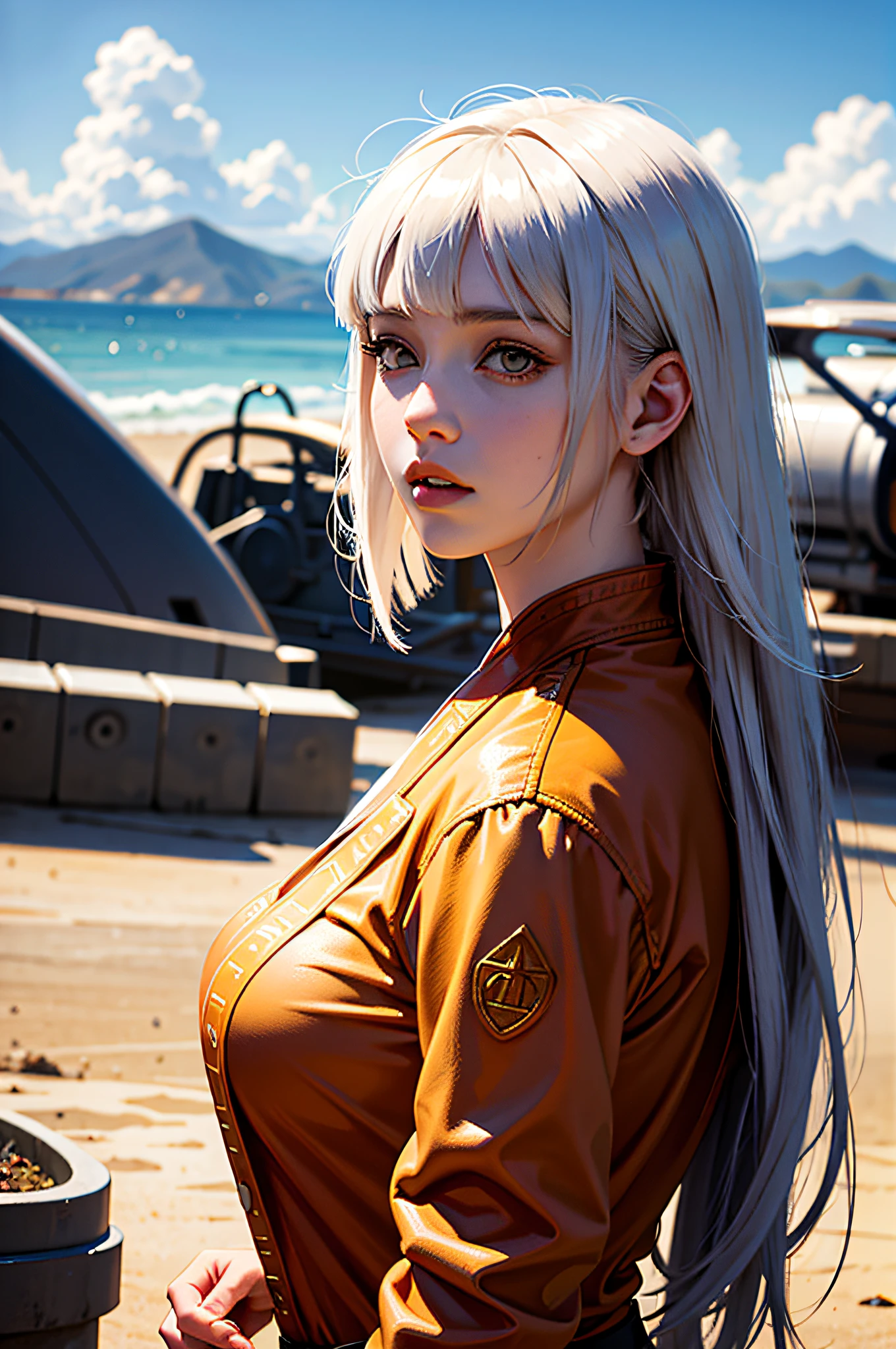 (masterpiece), (best quality), realistic, cinematic light, Hinata from Naruto, cool pose, battlefield background, perfect body, white eyes, white bobcut hair