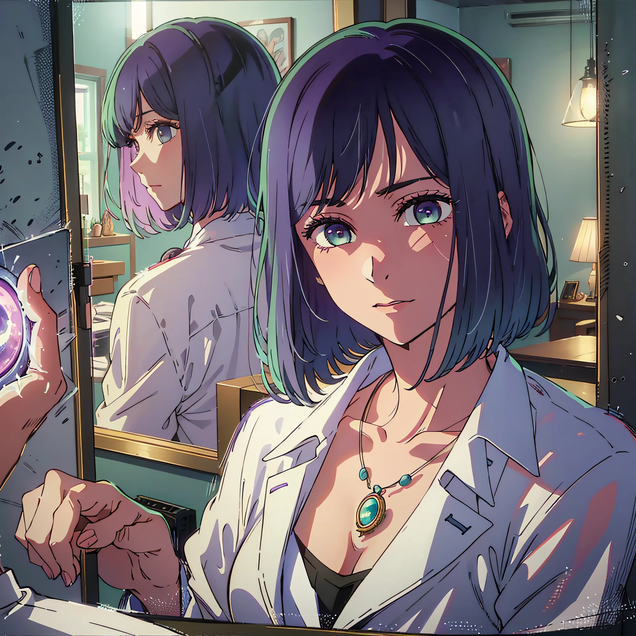 High resolution, highest quality, illustration, super detailed, (detailed face), (detailed eyes), cinematic lighting, best quality, super detailed, masterpiece, fine lines, 1girl, solo, purple hair, purple eyes, white coat, pink shirt, jewelry, necklace, glowing eyes, medium breasts, light, (colored), upper body, scissors in hand, interior, bathroom, cutting hair in front of mirror