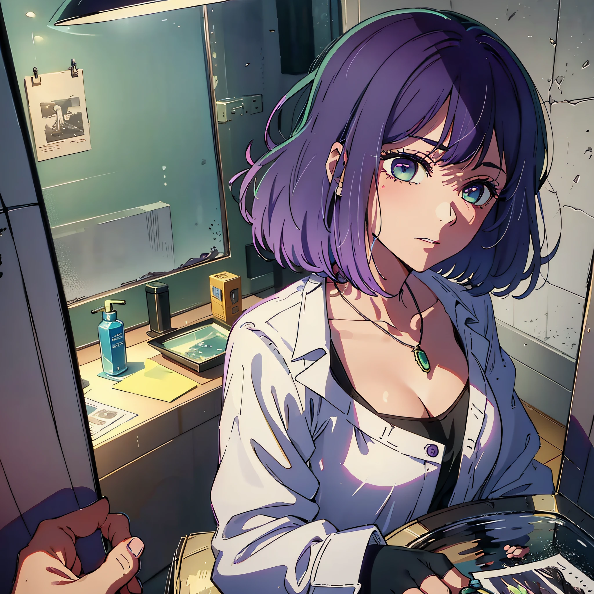 High resolution, highest quality, illustration, super detailed, (detailed face), (detailed eyes), cinematic lighting, best quality, super detailed, masterpiece, fine lines, 1girl, solo, purple hair, purple eyes, white coat, pink shirt, jewelry, necklace, glowing eyes, medium breasts, light, (colored), upper body, scissors in hand, interior, bathroom, cutting hair in front of mirror