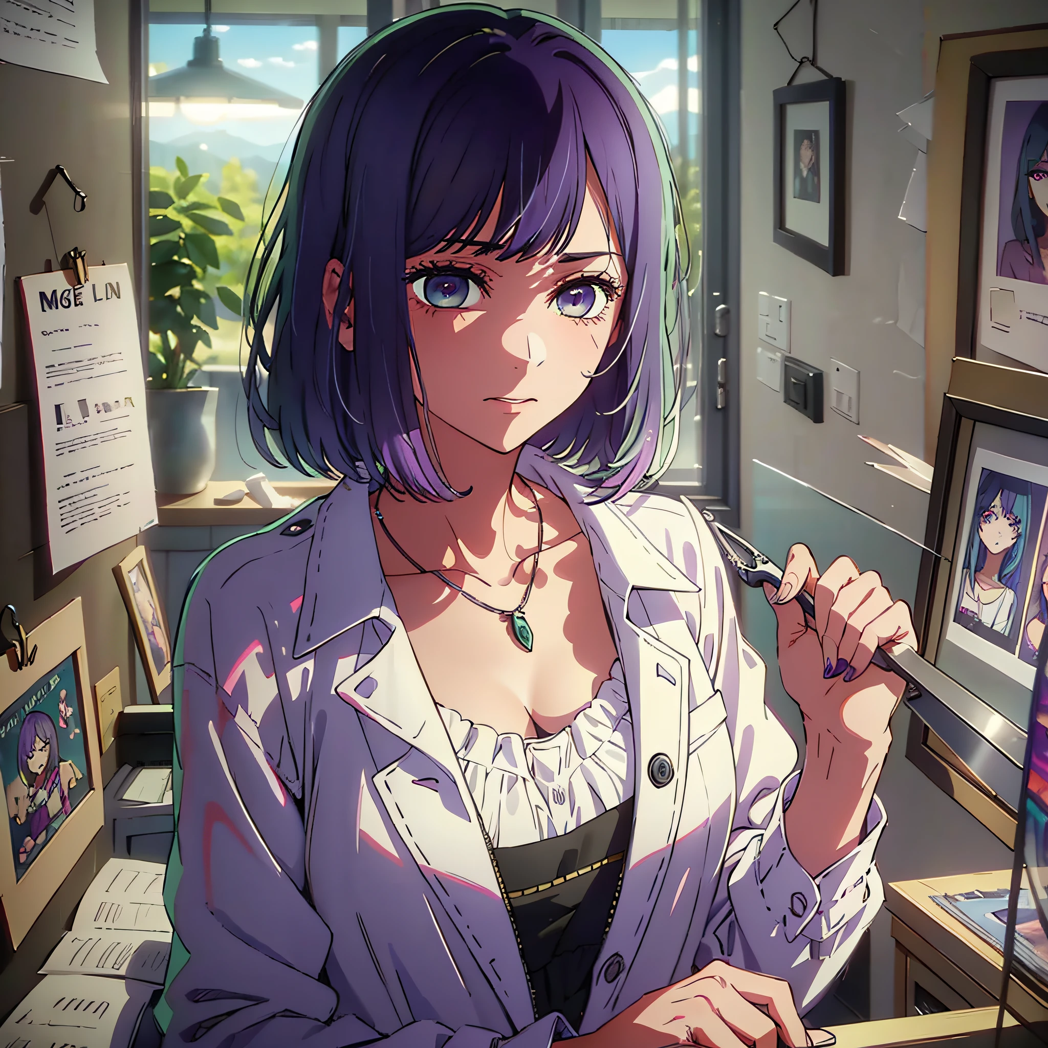 High resolution, highest quality, illustration, super detailed, (detailed face), (detailed eyes), cinematic lighting, best quality, super detailed, masterpiece, fine lines, 1girl, solo, purple hair, purple eyes, white coat, pink shirt, jewelry, necklace, glowing eyes, medium breasts, light, (colored), upper body, scissors in hand, interior, bathroom, cutting hair in front of mirror