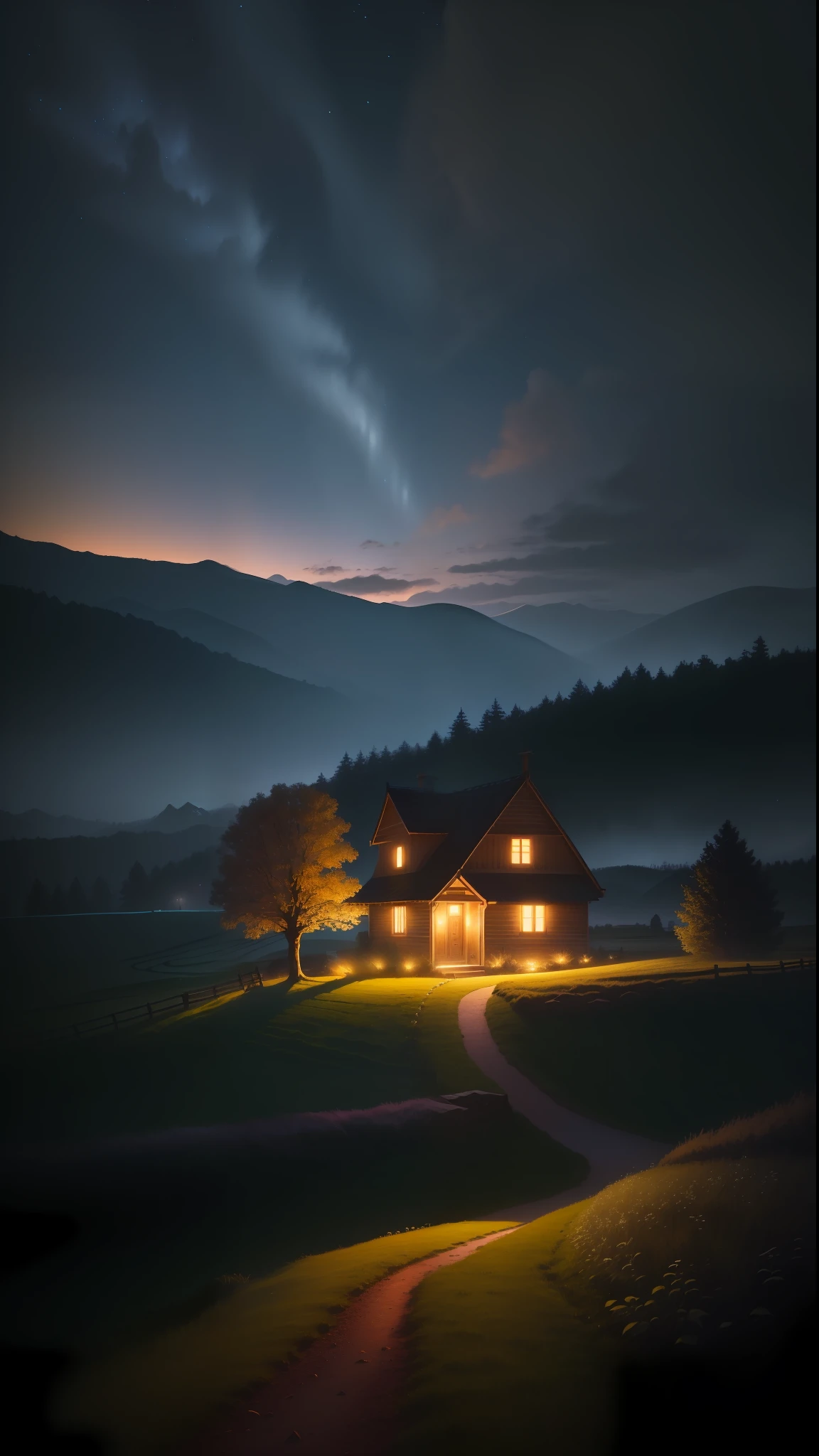 Night view of a small house in the field, with a tree, night village background, fantastic atmosphere of night under moonlight, night view, night natural landscape, amazing wallpaper, calm night, authenticity, realism, cinematic effects, digital illustration, in the night with moonlight, fantastic night, beautiful moonlight night, landscape wallpaper, HD wallpaper, anime countryside landscape, soothing and comfortable landscape, beautiful wallpaper, mobile wallpaper