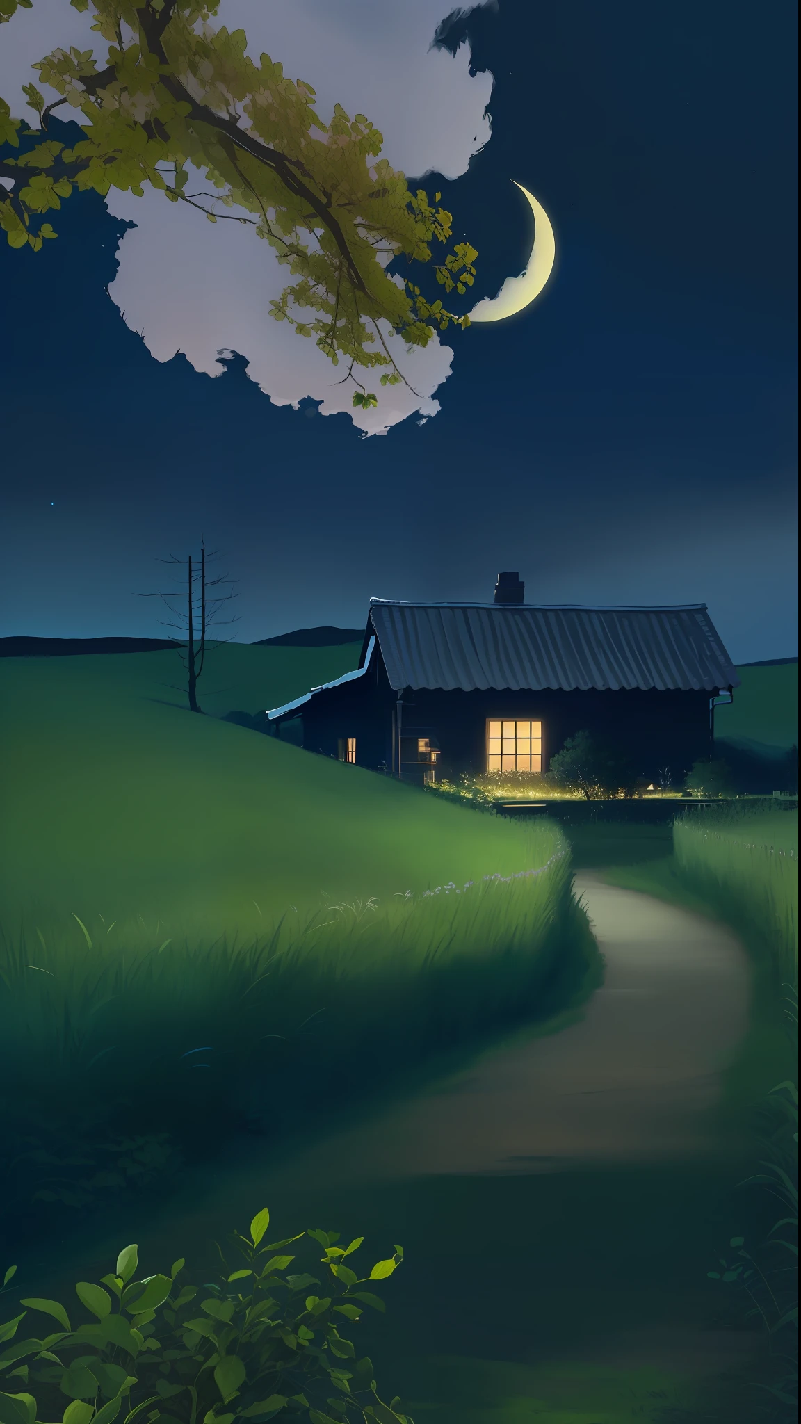 Night view of a small house in the field, with a tree, night village background, fantastic atmosphere of night under moonlight, night view, night natural landscape, amazing wallpaper, calm night, authenticity, realism, cinematic effect, in the night with moonlight, fantastic night, beautiful moonlight night, landscape wallpaper, HD wallpaper, anime countryside scenery, soothing and comfortable landscape, beautiful wallpaper, mobile wallpaper