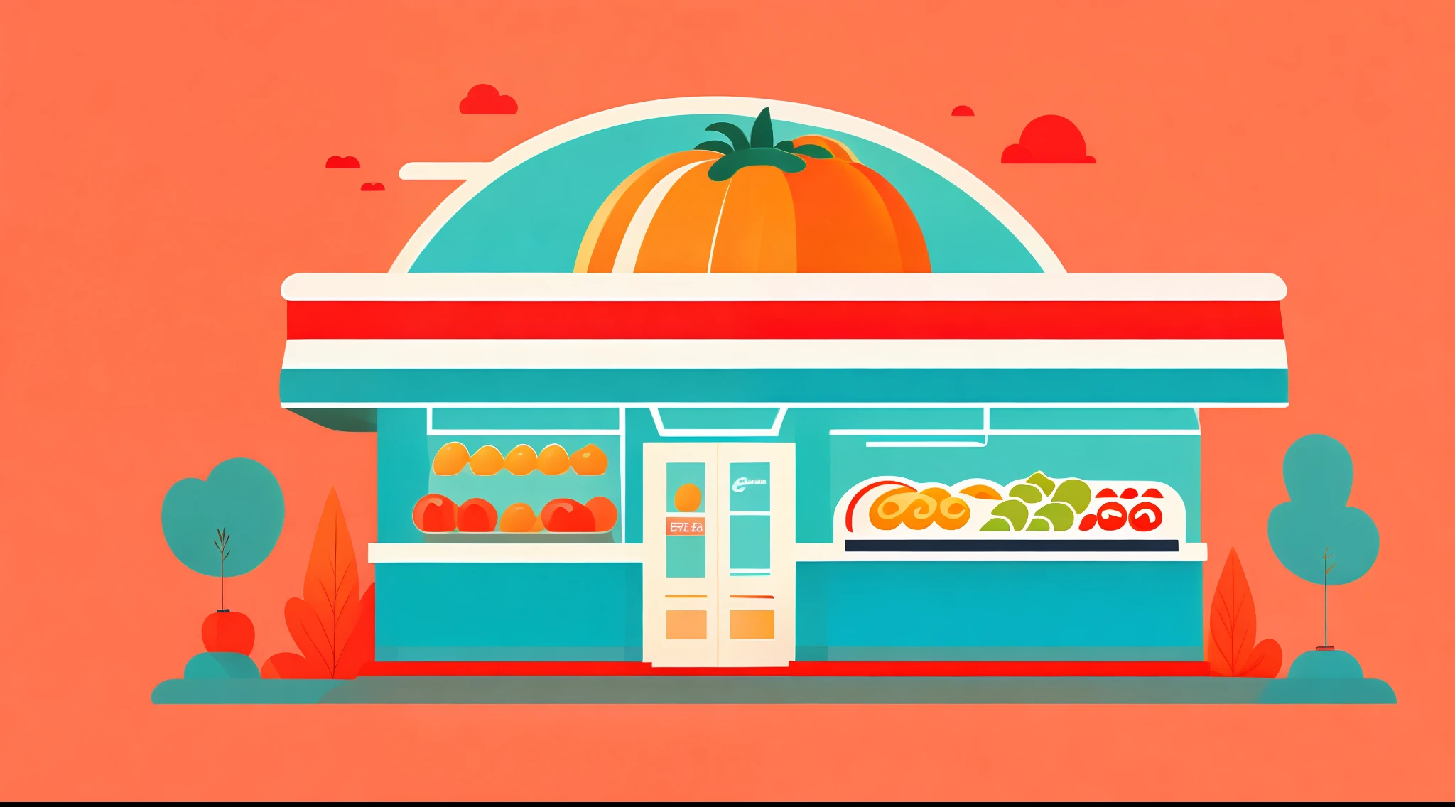 A convenience store with a large tomato in front, convenience store, logo design, commercial illustration very coherent, bright colors, concept illustration, rzminjourney, vector art, minimalist style