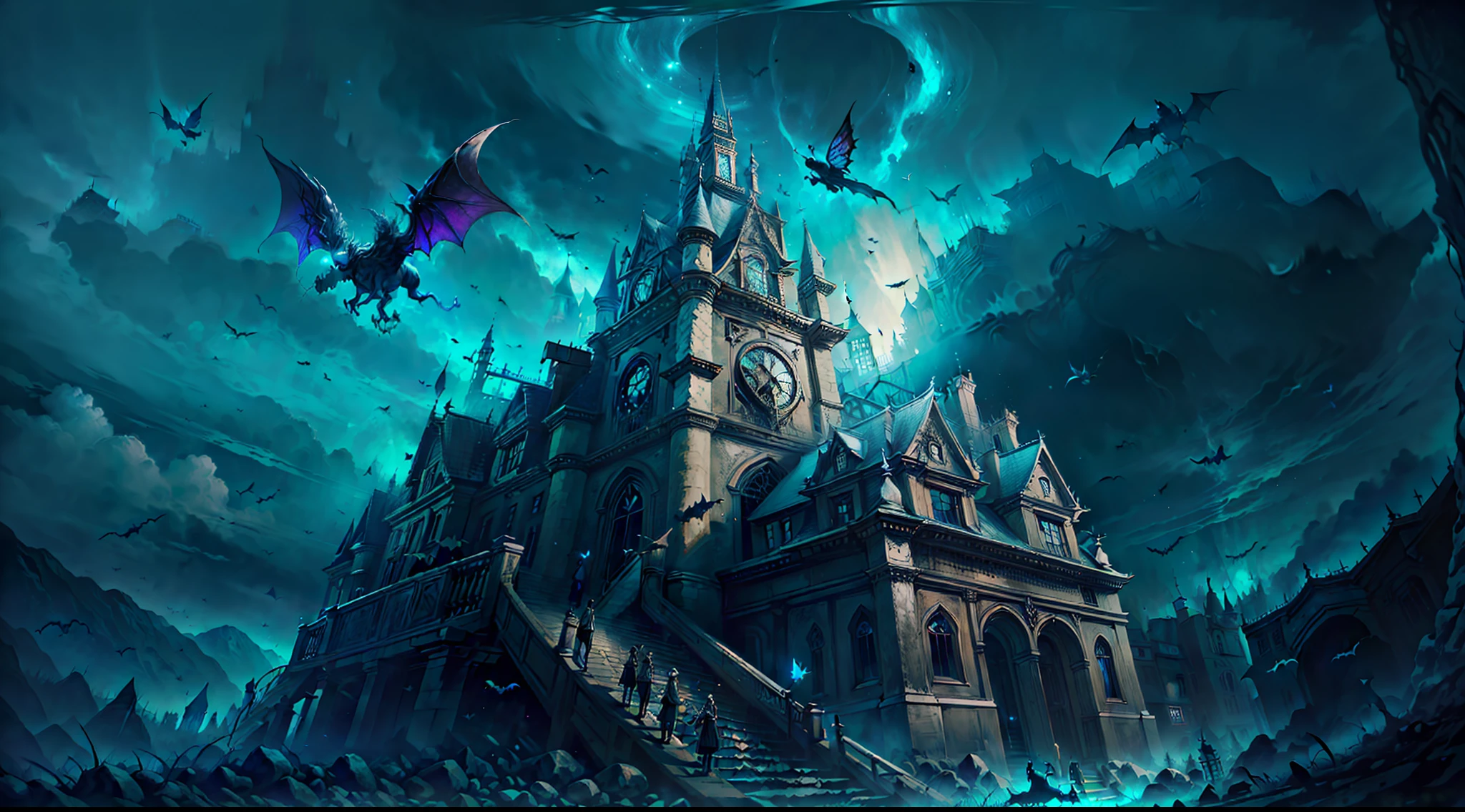 (top quality, masterpiece), castle on the mountain, big castle, horror, gothic, creepy, bats, butterflies, haunted abandoned exile at midnight, perfect composition, best exposition, , HDR, dramatic, cinematic lighting, art station trends, professional photography, immense details