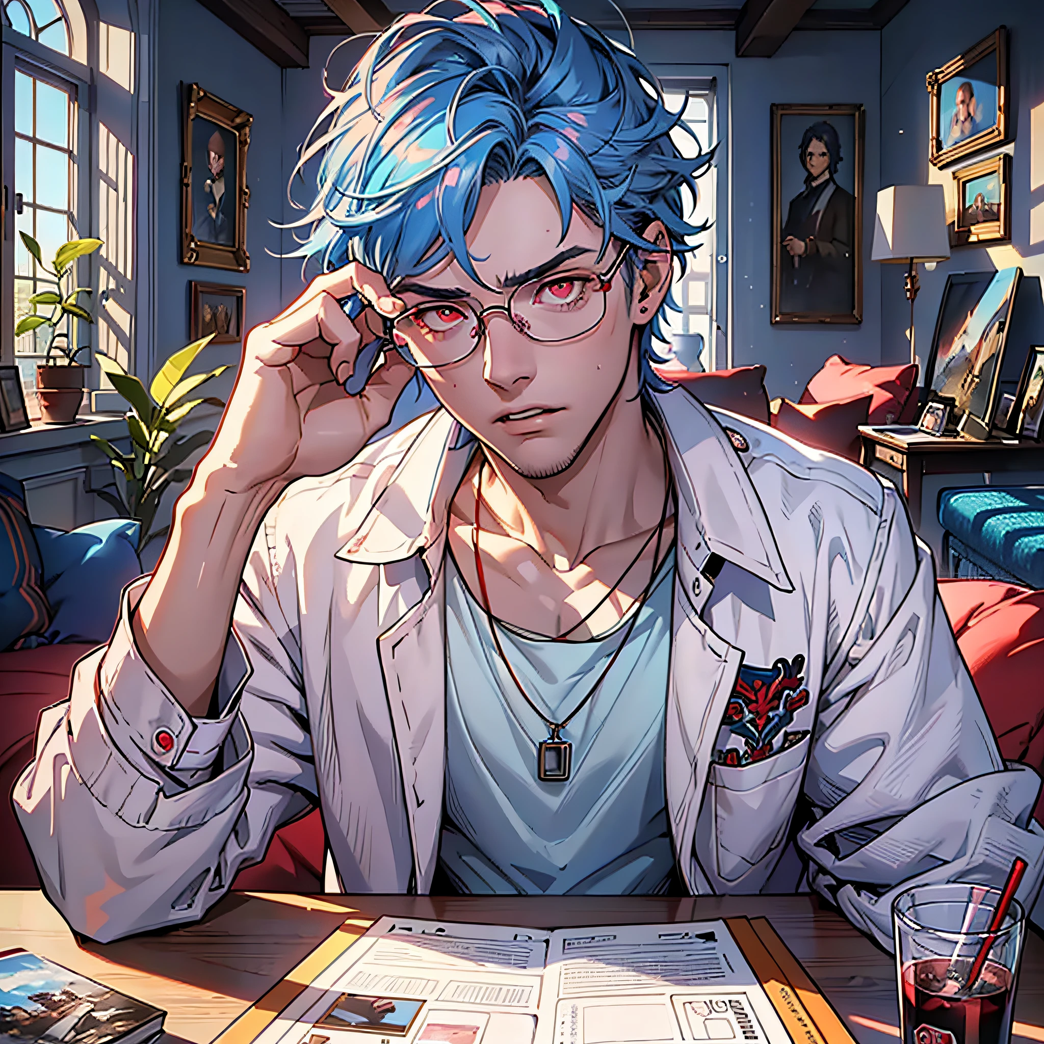 (Masterpiece, Best Quality, Ridiculous), Film Lighting, Best Quality, Ultra Detailed, Masterpiece, Fine Lines,, 1 Man: 20 years old, Detailed eyes, Blue hair color head style, Red eyes, White coat, Pink T-shirt, Black glasses, Jewelry, Necklace, Glowing Eyes, Light, (color), Upper body, Anger, Indoor, Living room, Accusation