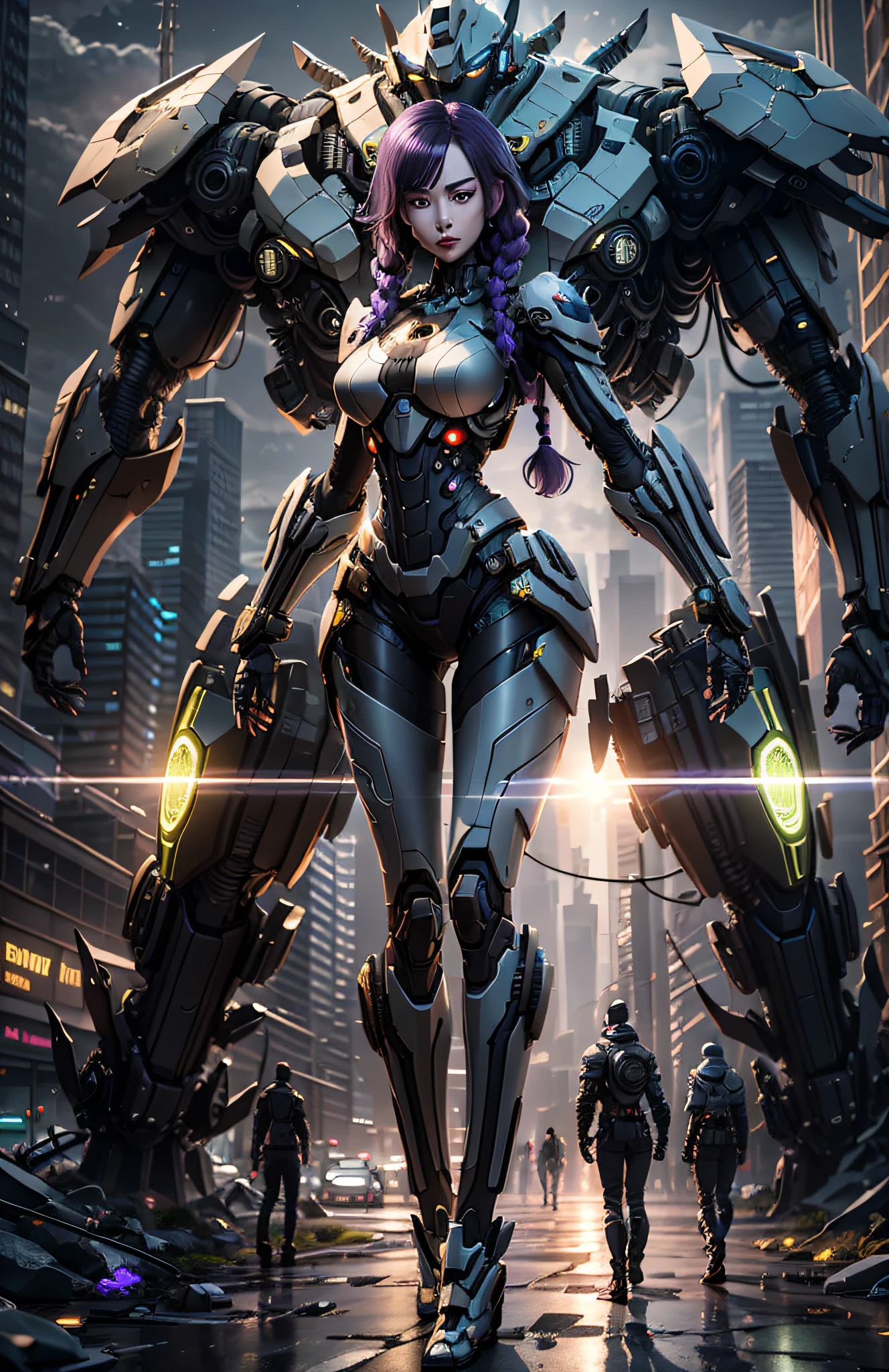 (Best Quality)), ((Masterpiece)), (Very Detailed: 1.3), 3D, Beautiful cyberpunk woman using batman cosplay, sci-fi technology, HDR (High Dynamic Range), ray tracing, nvidia RTX, super resolution, unreal 5, subsurface scattering, PBR texture, post-processing, anisotropic filtering, depth of field, maximum sharpness and sharpness, multi-layer texture, specular and albedo mapping, surface shading, accurate simulation of light-material interactions, perfect proportions, octane rendering, duotone lighting, low ISO, white balance, rule of thirds, wide aperture, 8K RAW, high efficiency subpixels, subpixel convolution, light particles, light scattering, Tyndall effect, very sexy, full body, battle pose, purple hair with braids,