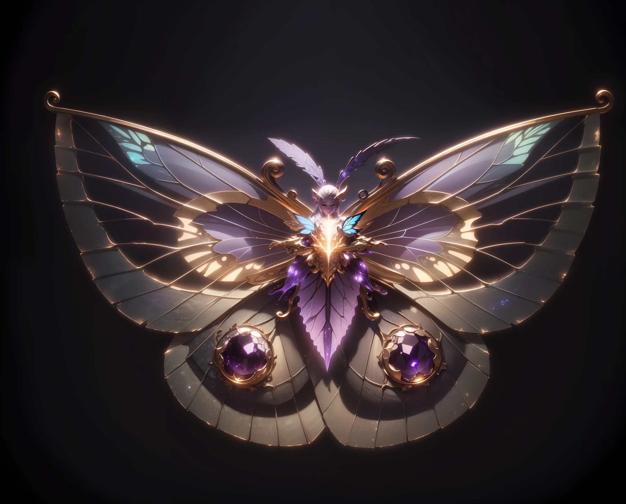 Masterpiece, best quality, (very detailed CG unified 8k wallpaper), (best quality), (best illustration), (best shadow), glowing elf, (natural elements), butterfly, metallic, purple atmosphere --auto --s2